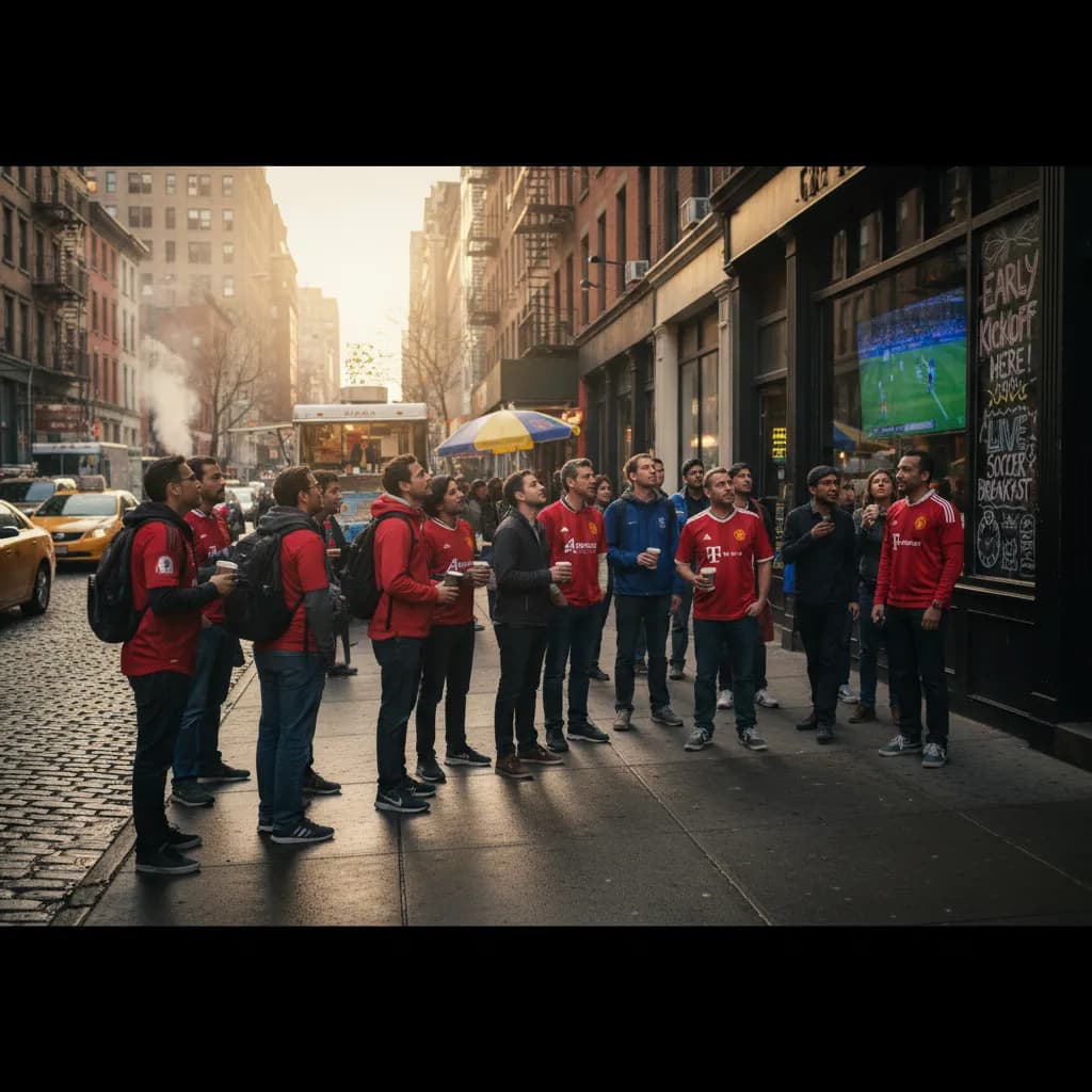 Photorealistic editorial scene for Early-Kickoff Soccer Watch Plans Around Midtown in NYC in New York City.