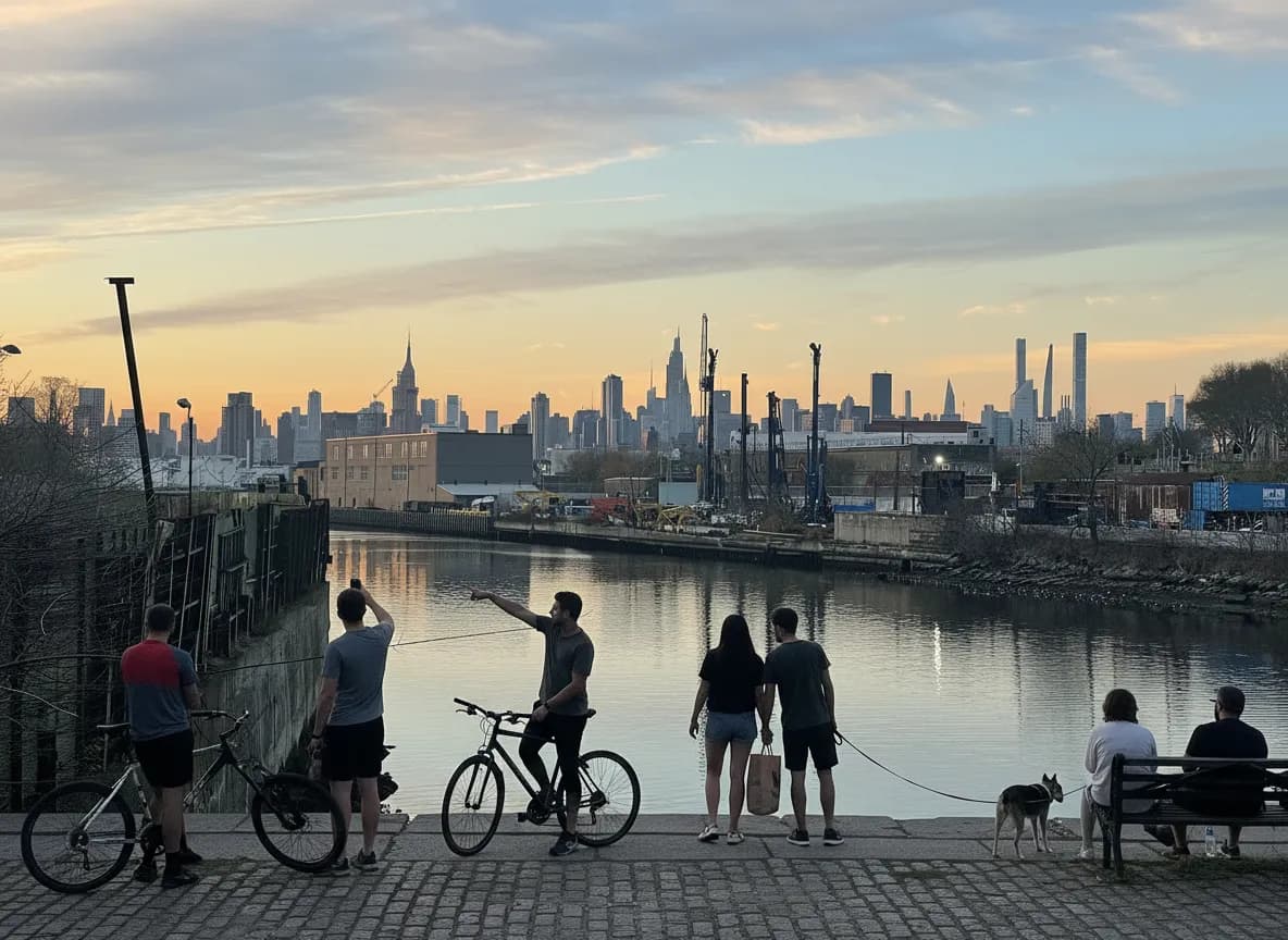 Photorealistic editorial scene for Best Sunset Routes Along Brooklyn Waterfront This Summer in New York City.