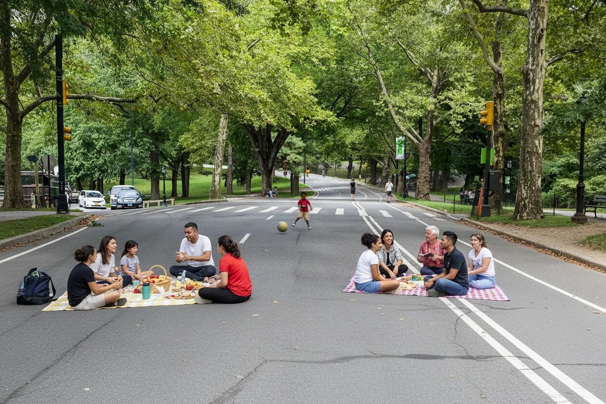 Photorealistic editorial scene for Car-Free Picnic Spots Around Queens Parks in NYC in New York City.