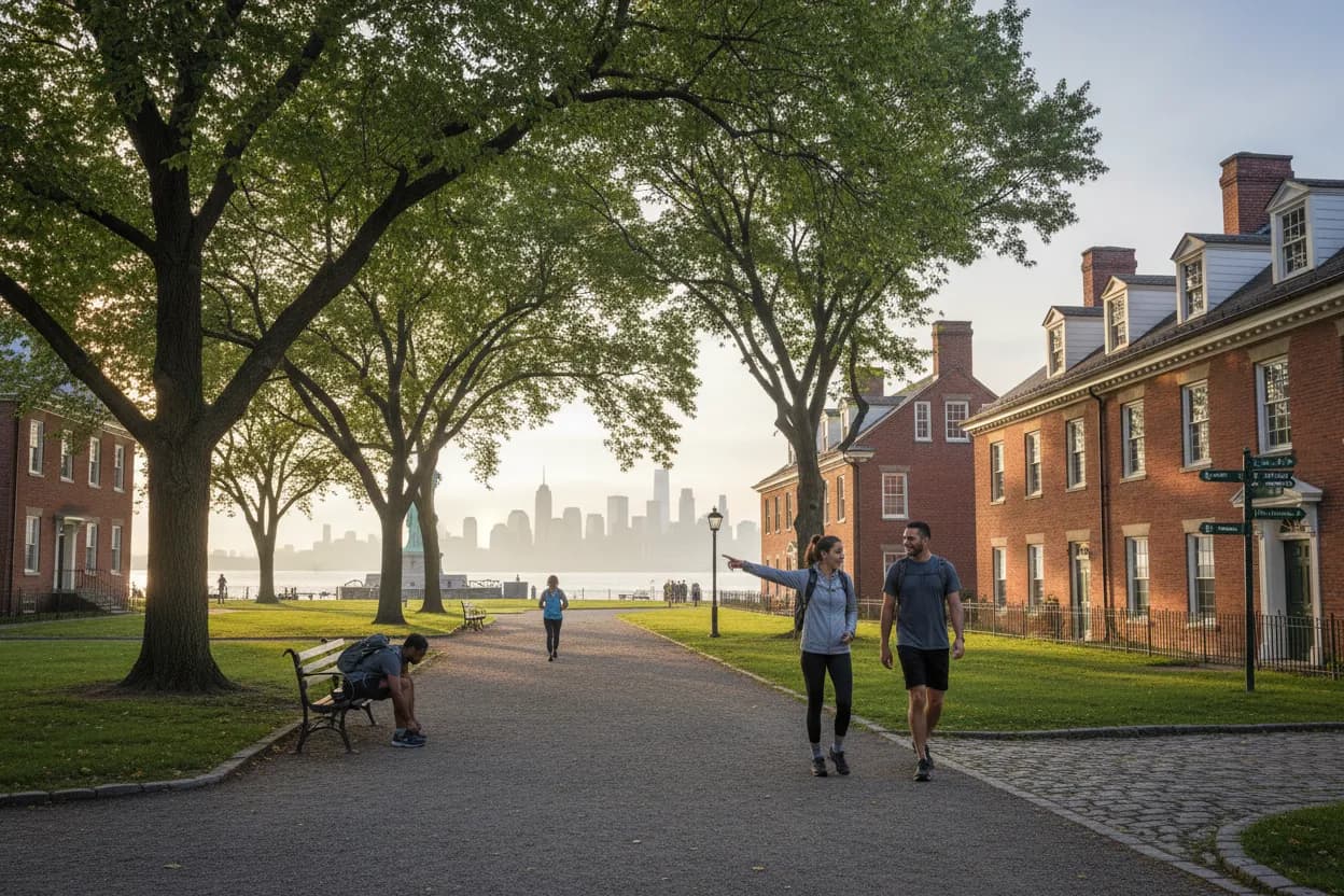 Photorealistic editorial scene for Easy Morning Hikes Around Governors Island Before Peak Heat in New York City.