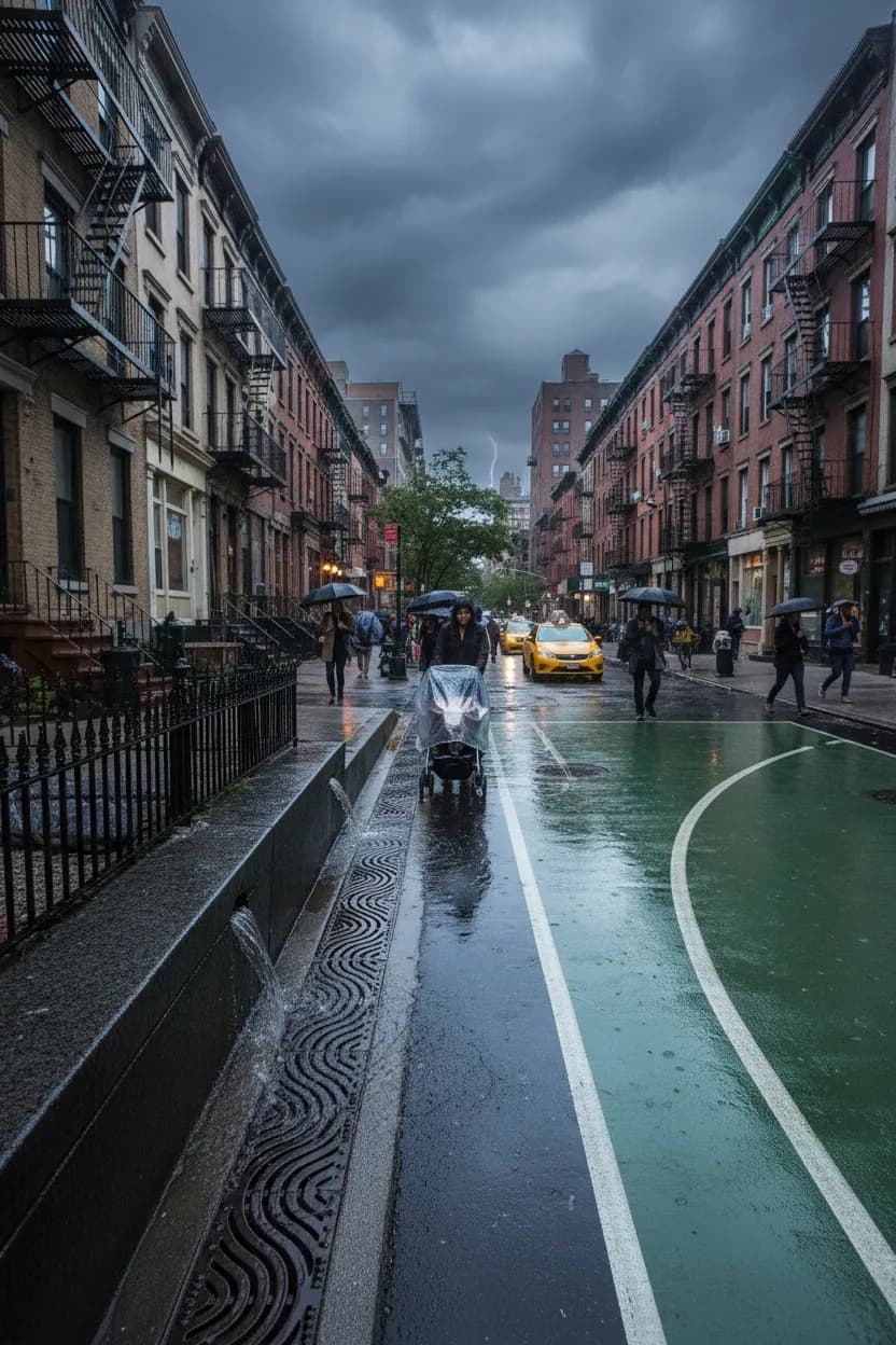 Photorealistic editorial scene for Severe Thunderstorm Warning Plans for a Day in NYC in New York City.