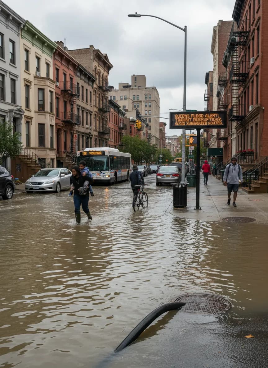 Photorealistic editorial scene for Queens Flood Alerts and the Transit Routes to Avoid in New York City.