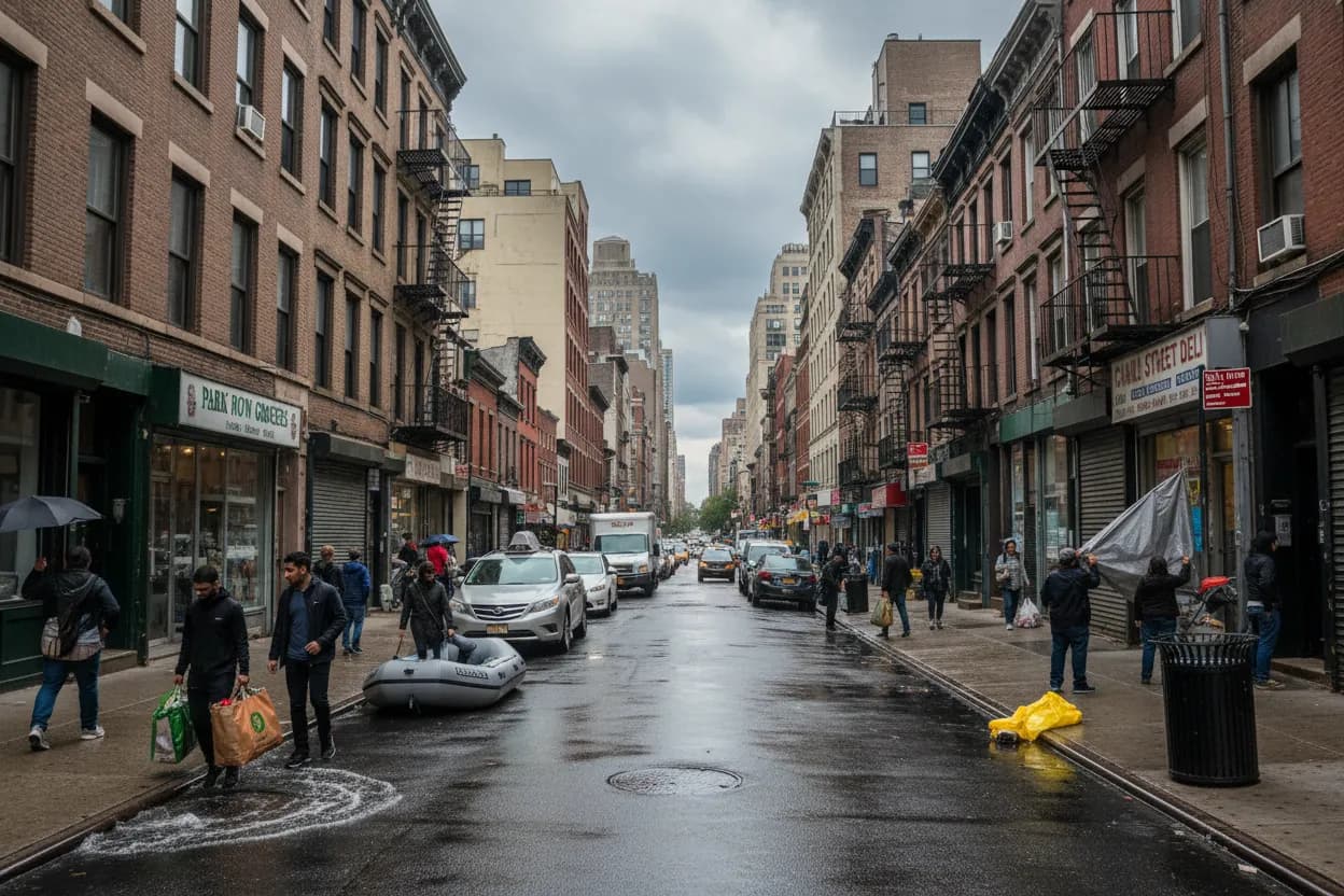 Photorealistic editorial scene for What a Flood Watch Changes for NYC Weekend Plans in New York City.