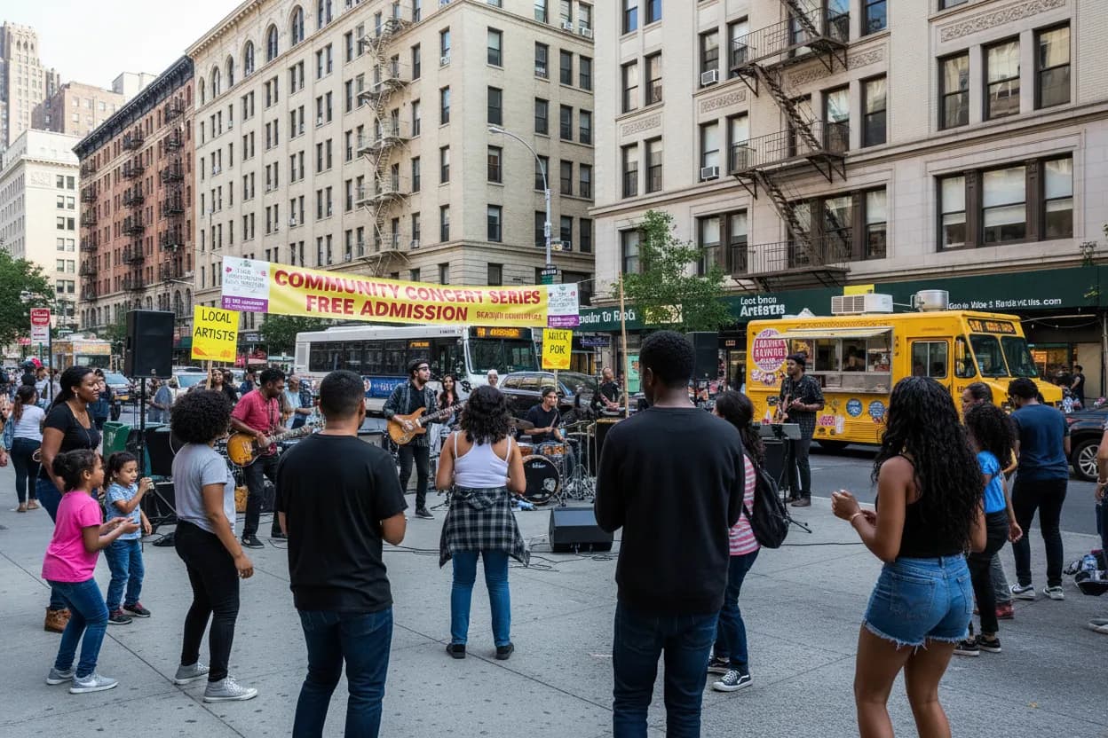 Photorealistic editorial scene for Affordable Live Concerts Near Queens This Weekend in New York City.