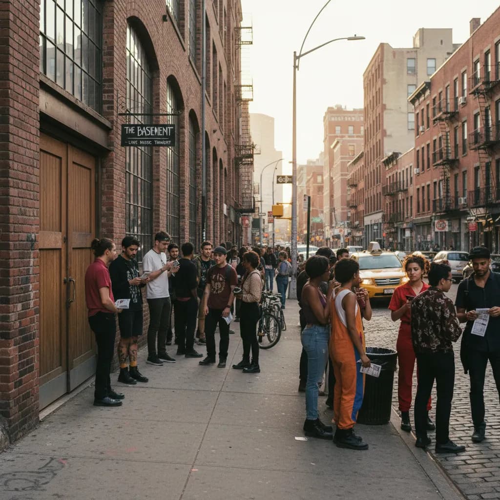 Photorealistic editorial scene for Brooklyn Last-Minute Shows With Straightforward Door Policies in New York City.