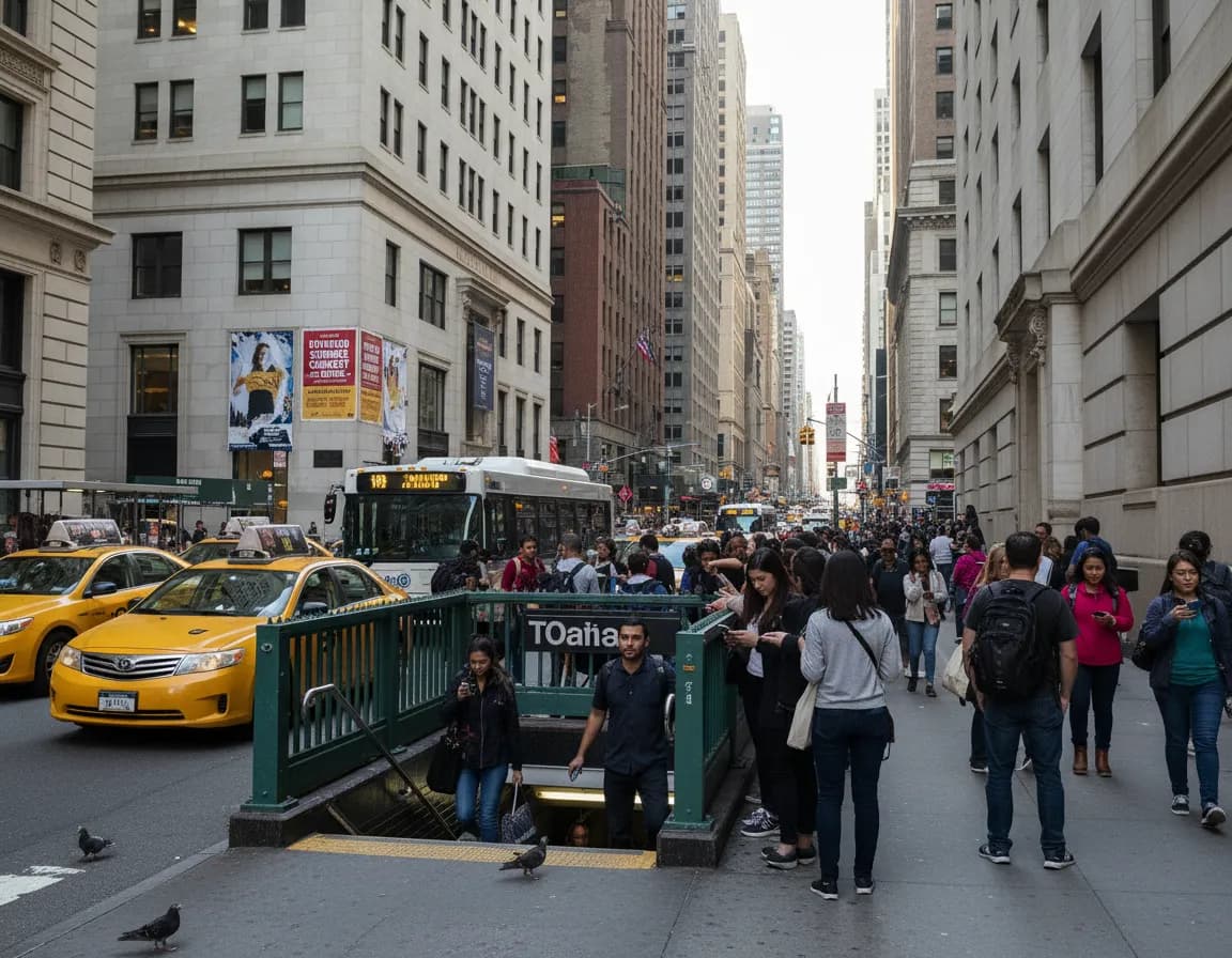 Photorealistic editorial scene for Outdoor Concert Plans Near Midtown With Transit Backups in New York City.