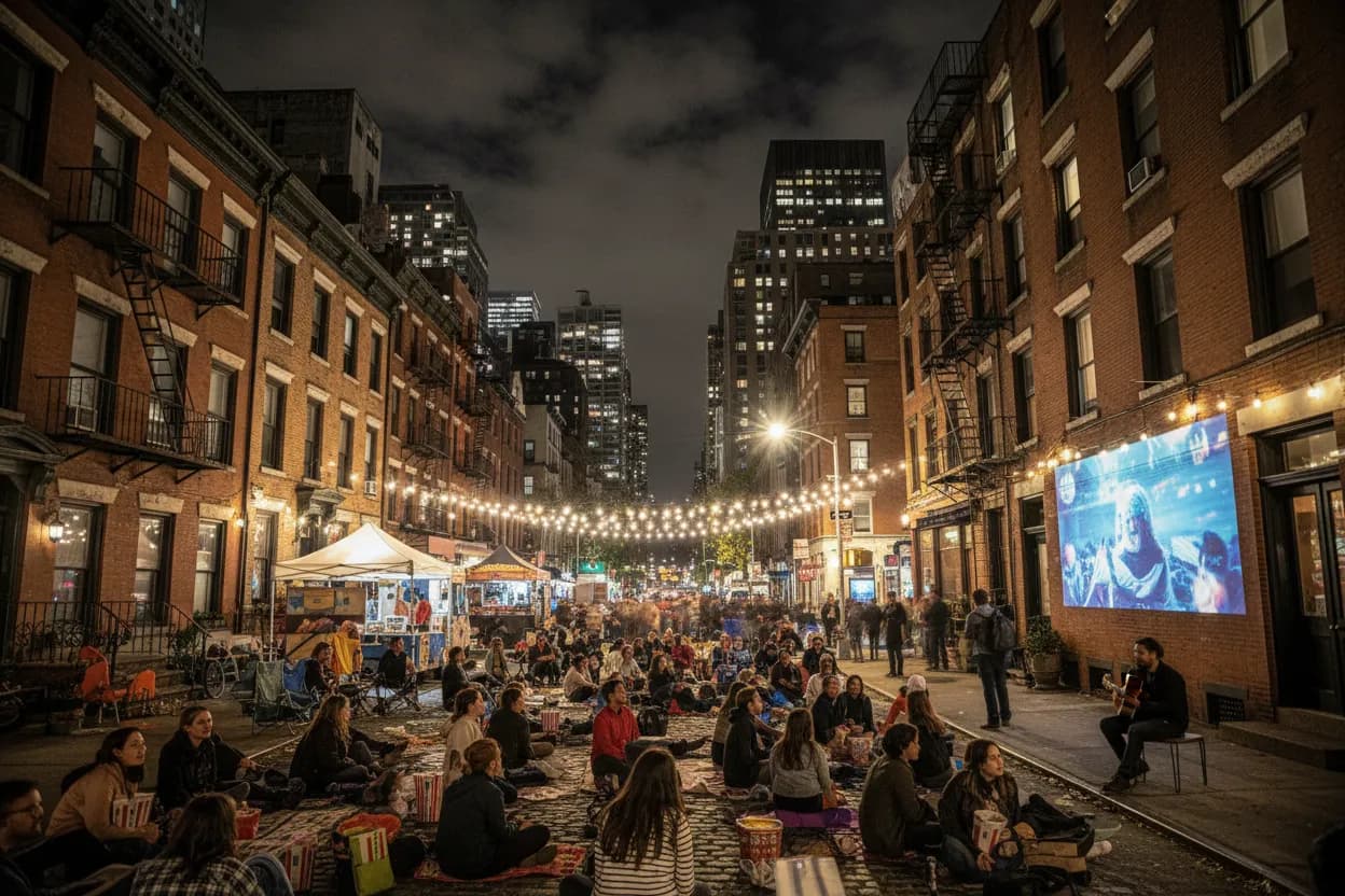 Photorealistic editorial scene for Free Social Events Around Midtown in NYC in New York City.