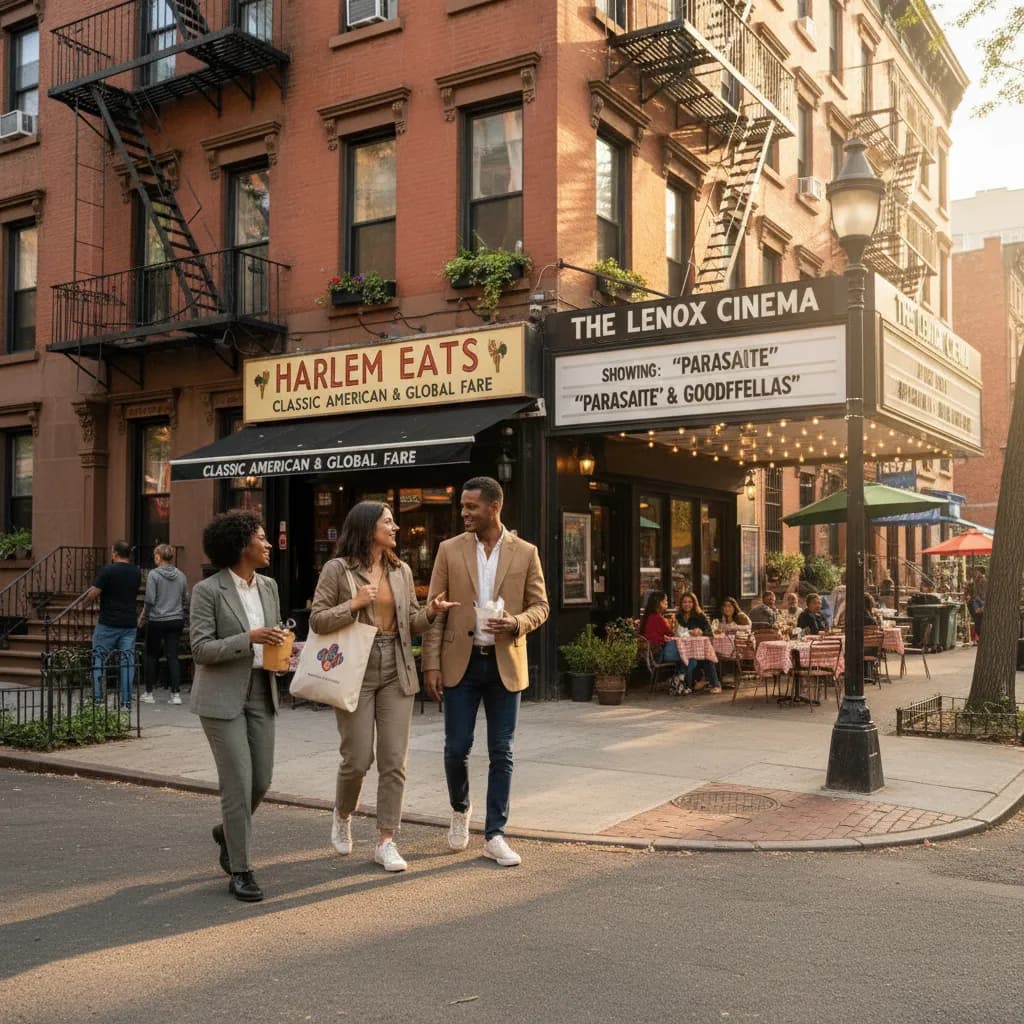 Photorealistic editorial scene for Good Movies and Dinner Pairings Around Upper Manhattan in New York City.