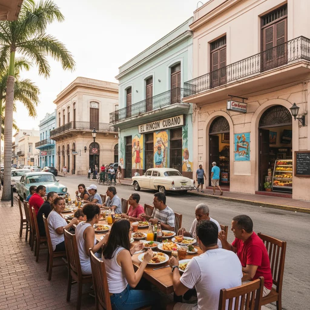 Photorealistic editorial scene for Little Havana Restaurants Built for Easy Group Dinners in Miami.