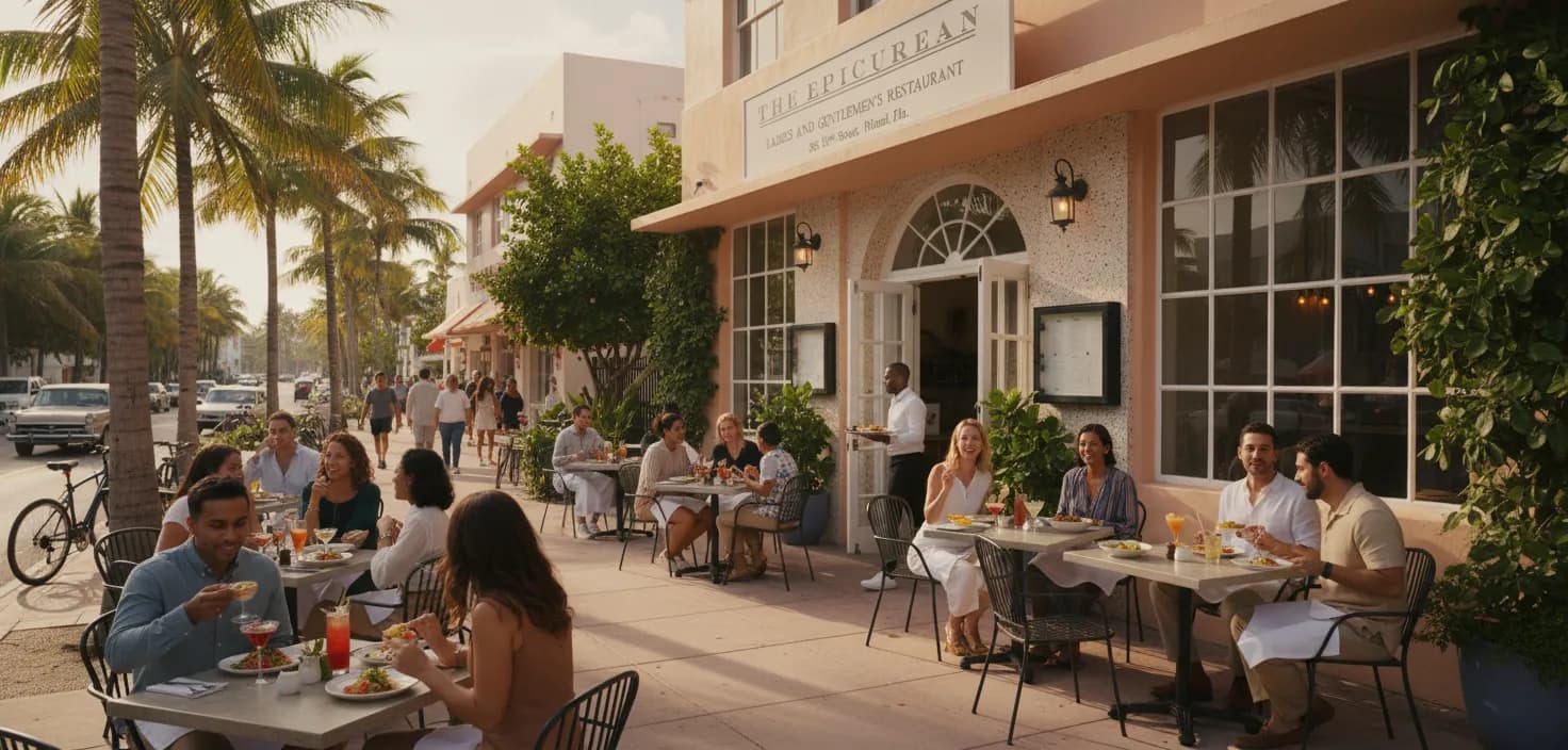 Photorealistic editorial scene for Miami Beach Happy Hours Where the Food Deserves Attention in Miami.
