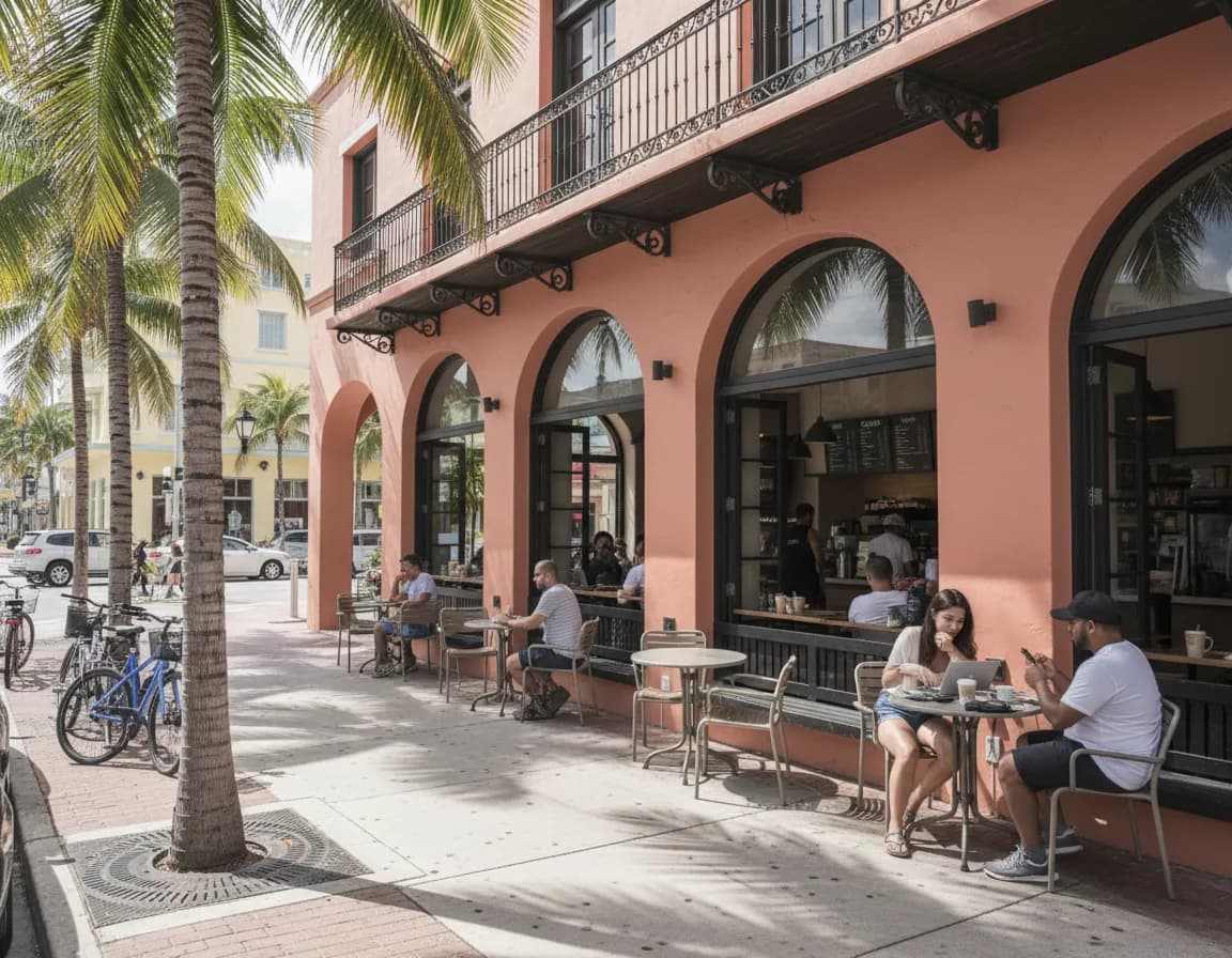 Photorealistic editorial scene for Starbucks Near Little Havana With Seating and Outlets in Miami.