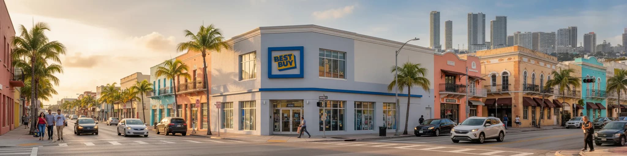 Photorealistic editorial scene for Best Buy Near Little Havana for Emergency Tech Purchases in Miami.