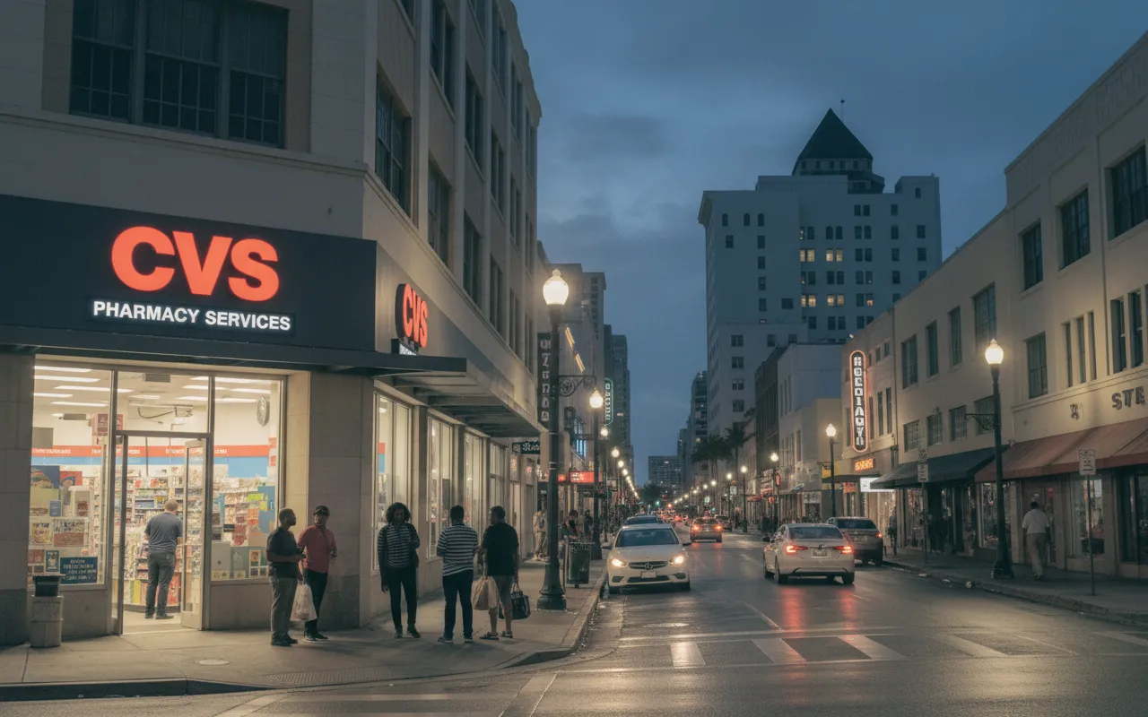 Photorealistic editorial scene for Late-Night CVS Near Downtown Miami With Pharmacy Services in Miami.