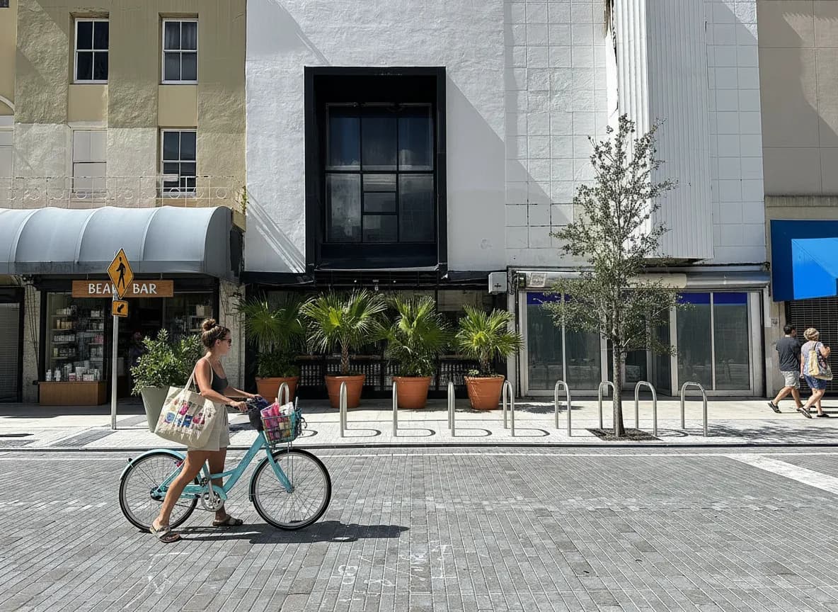 Photorealistic editorial scene for Beauty Restock Route Around Miami Beach Without a Car in Miami.
