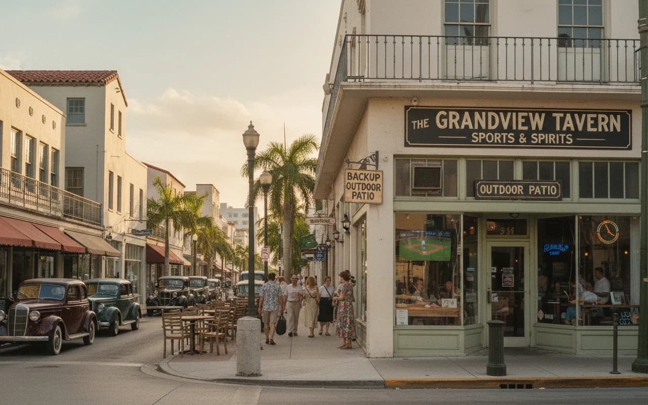 Photorealistic editorial scene for Quiet Sports Bars Near Coconut Grove With Backup Seating in Miami.