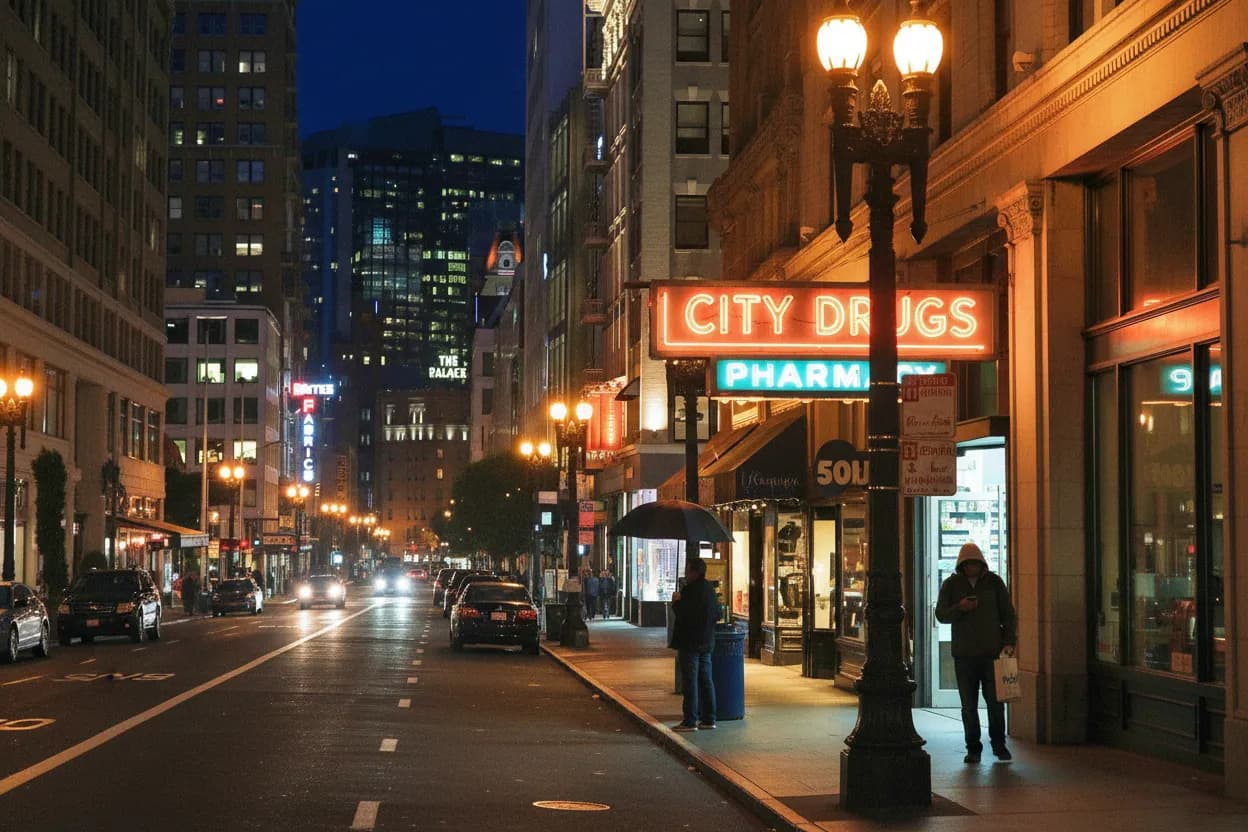 Photorealistic editorial scene for Downtown SF Late Pharmacy Runs With Practical Backup Options in San Francisco.