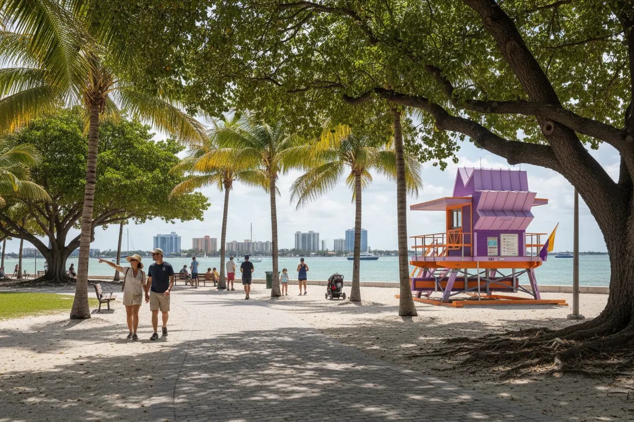 Photorealistic editorial scene for Shaded Summer Walks Through Bayfront Parks in Miami in Miami.