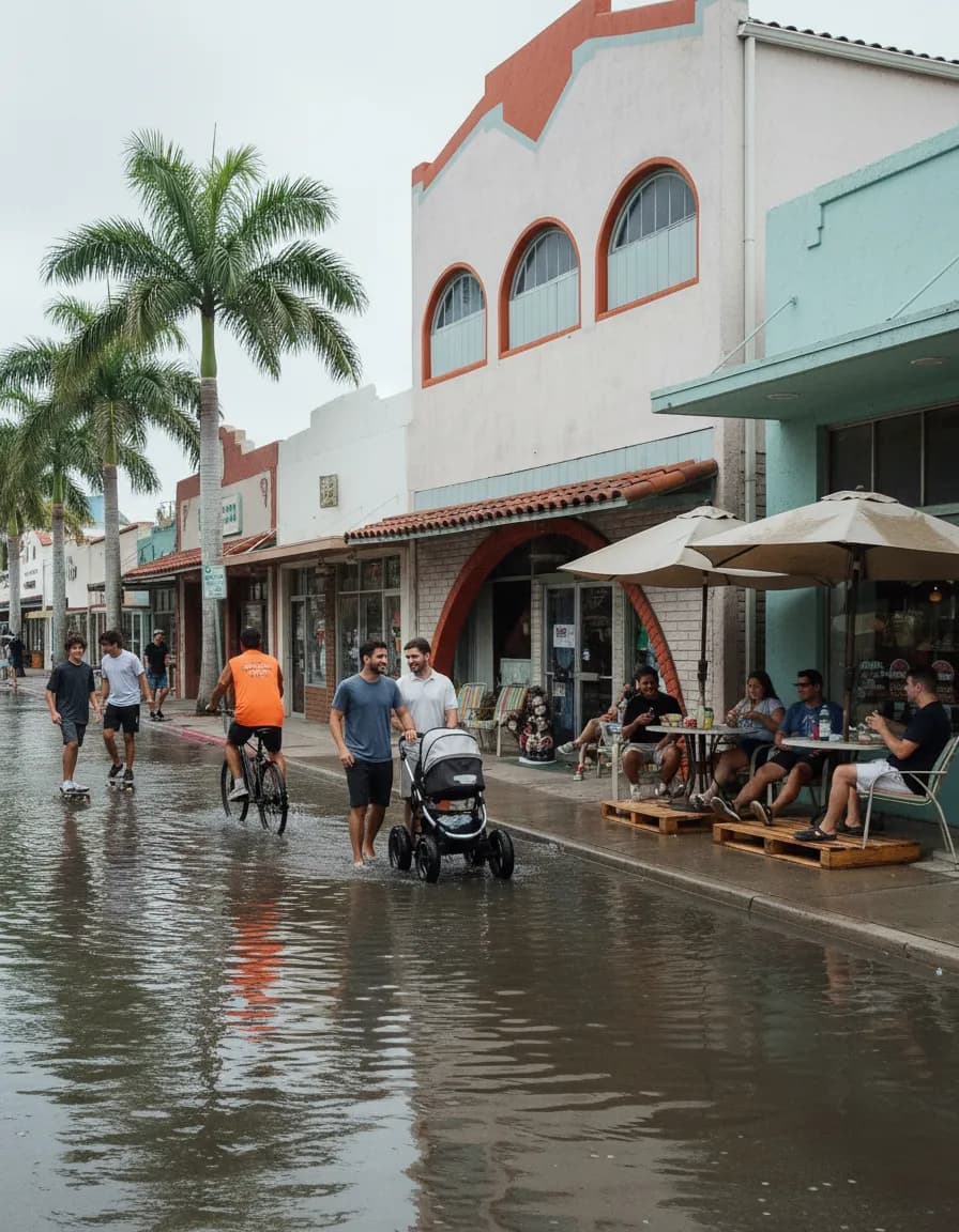Photorealistic editorial scene for Miami Flood Watch Weekends Without Canceling Every Plan in Miami.