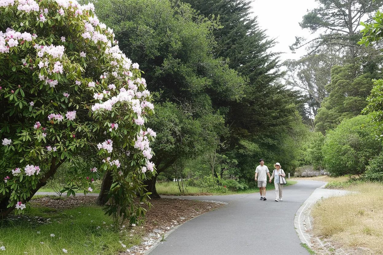 Photorealistic editorial scene for Shaded Summer Walks Through Golden Gate Park in San Francisco in San Francisco.