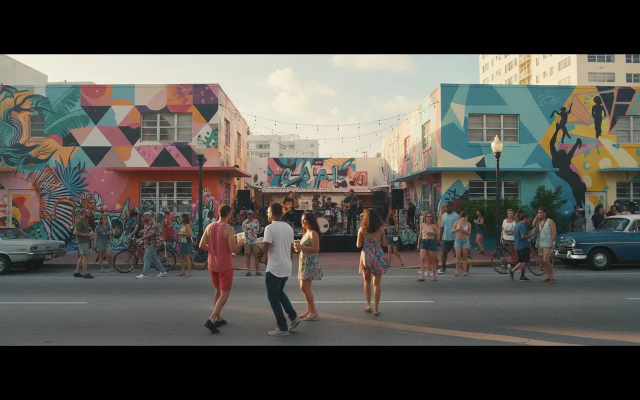 Photorealistic editorial scene for Wynwood Weekend Concerts That Keep Ticket Costs Manageable in Miami.