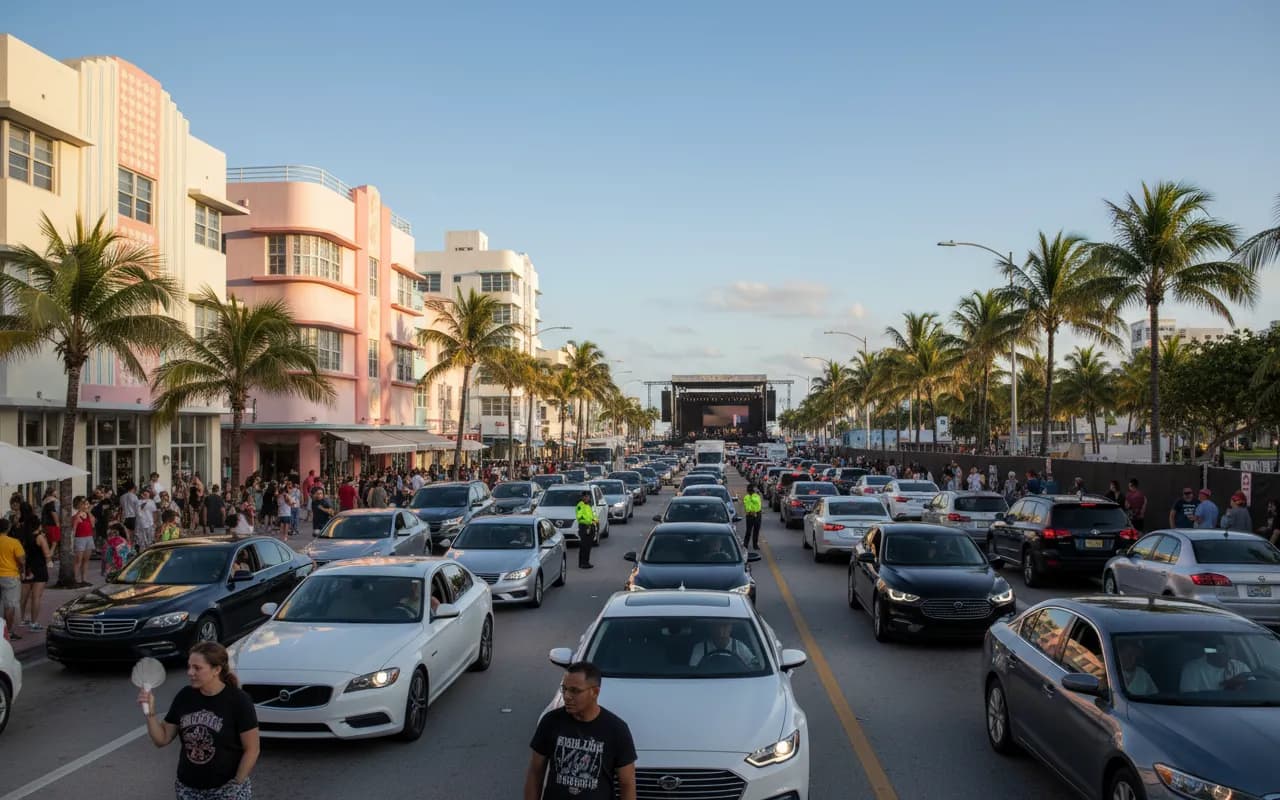 Photorealistic editorial scene for Outdoor Concert Plans Near Miami Beach With Transit Backups in Miami.