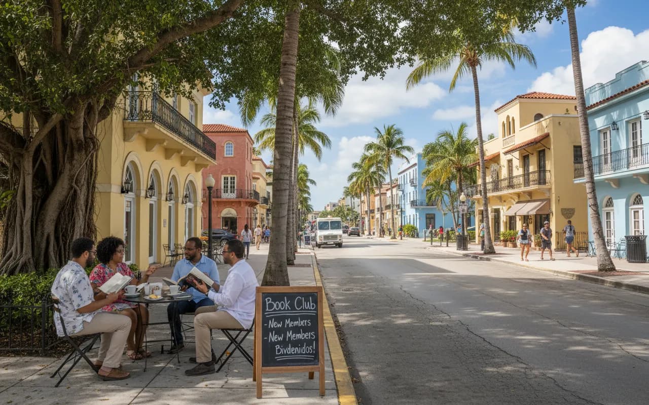 Photorealistic editorial scene for Book Clubs Near Little Havana Welcoming New Members in Miami.