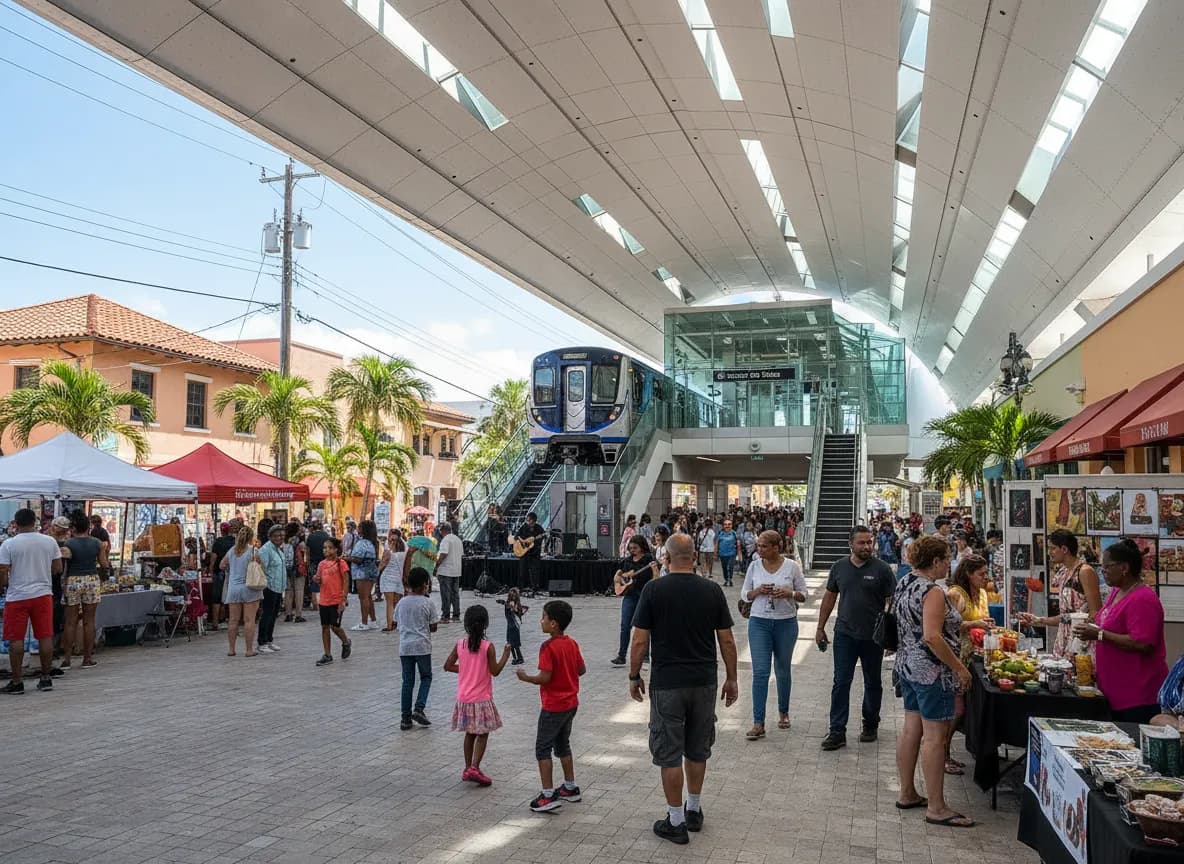 Photorealistic editorial scene for Street Fairs Near Coconut Grove With Easy Transit in Miami.