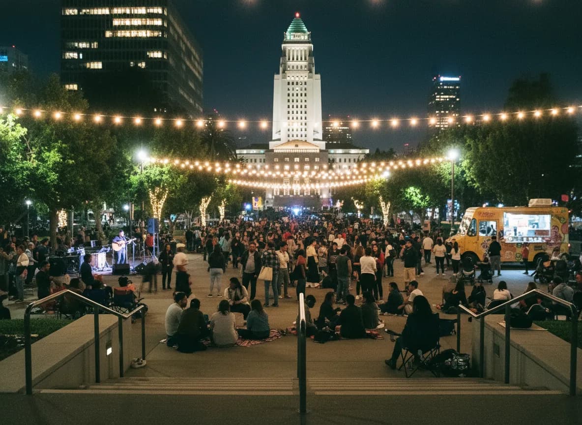 Photorealistic editorial scene for Downtown LA Free Weeknight Events for Meeting New People Guide in Los Angeles.