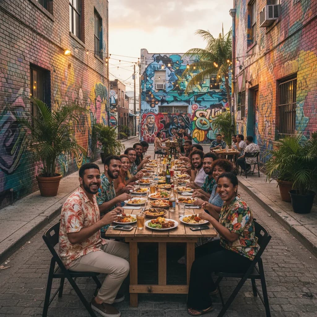 Photorealistic editorial scene for Wynwood Dinner Tables When Reservation Apps Show Nothing in Miami.