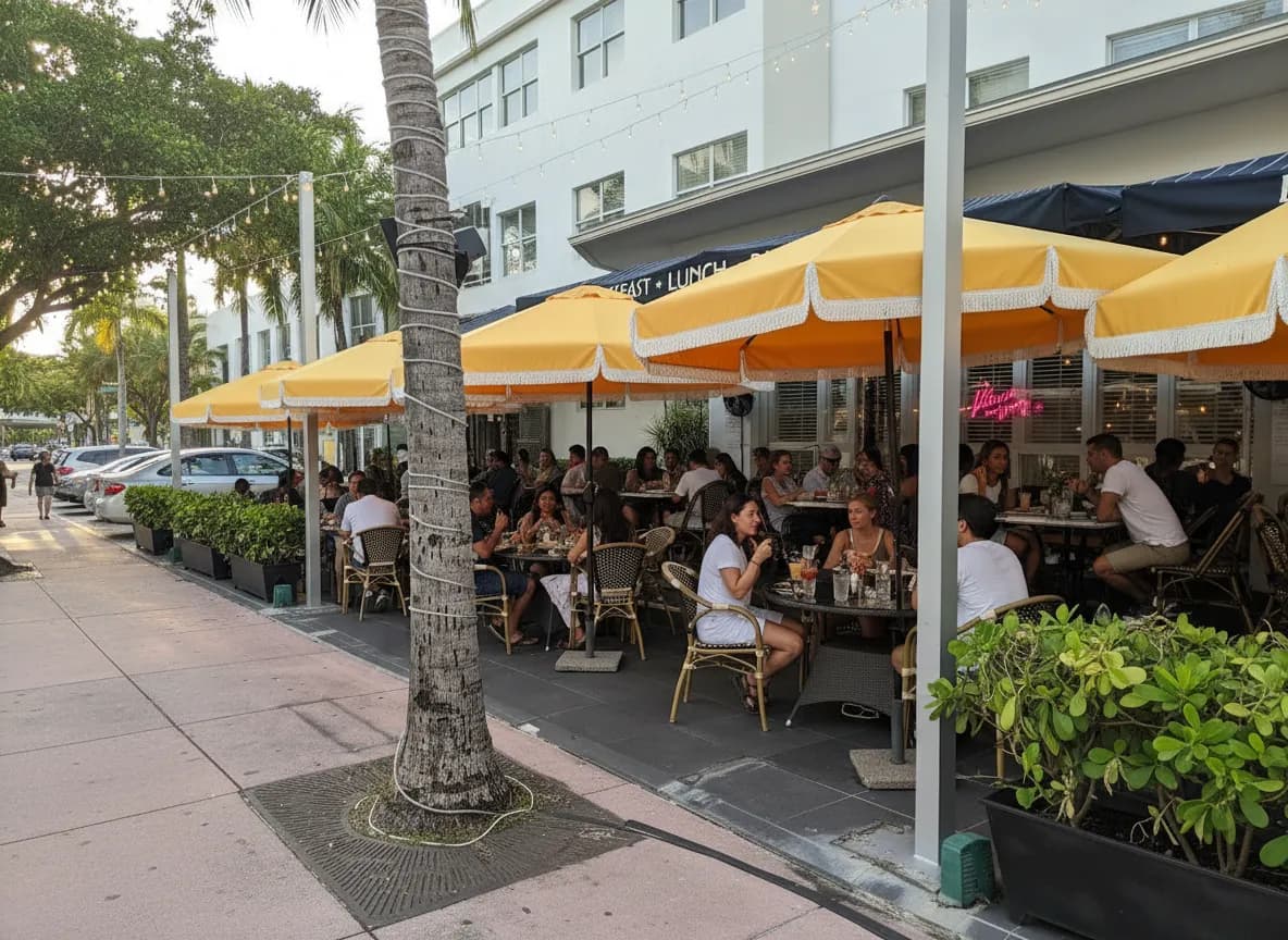 Photorealistic editorial scene for Good Movies and Dinner Pairings Around Coconut Grove in Miami.