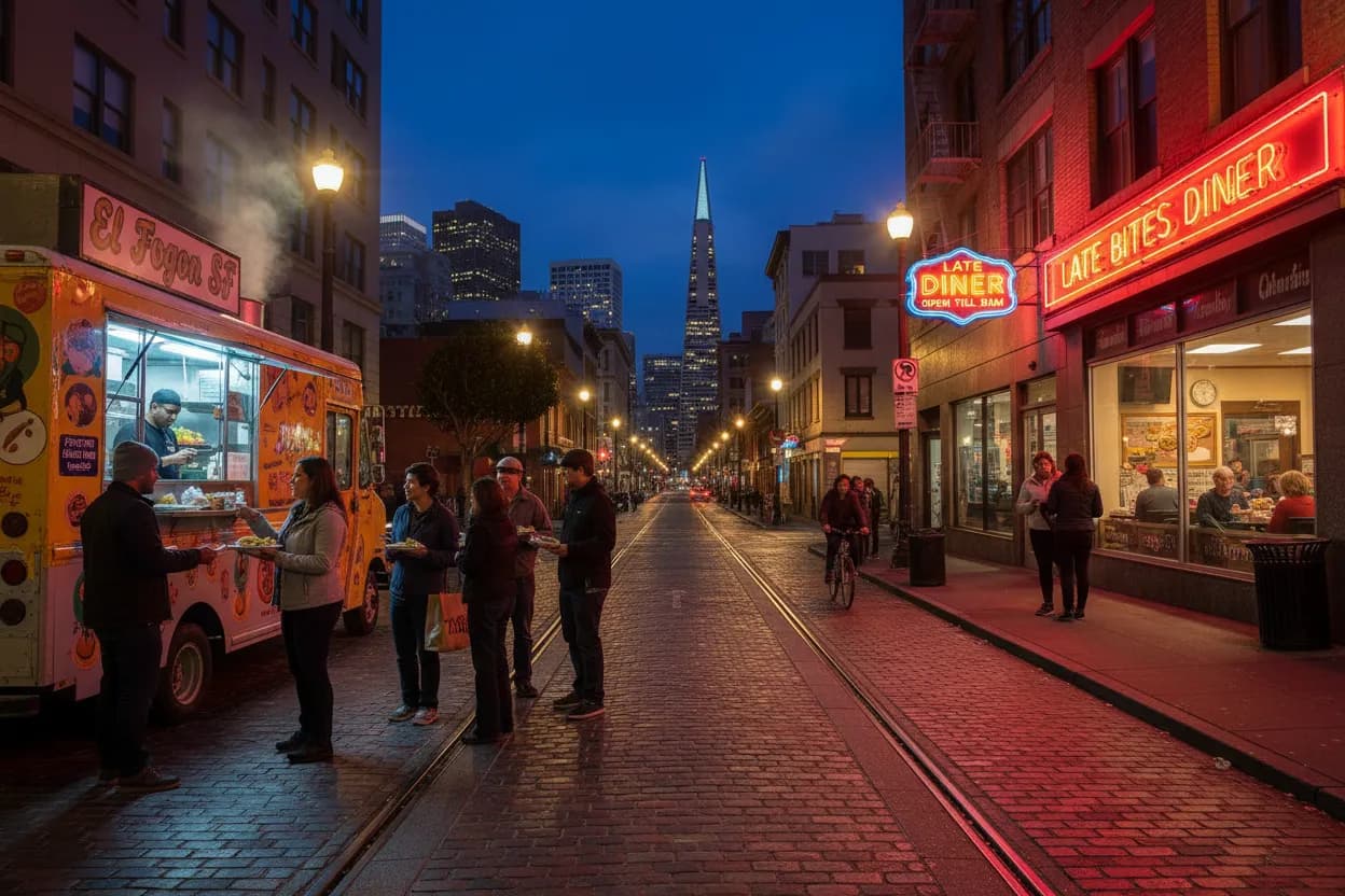 Photorealistic editorial scene for Downtown SF After Dark: Reliable Bites for Late Arrivals in San Francisco.