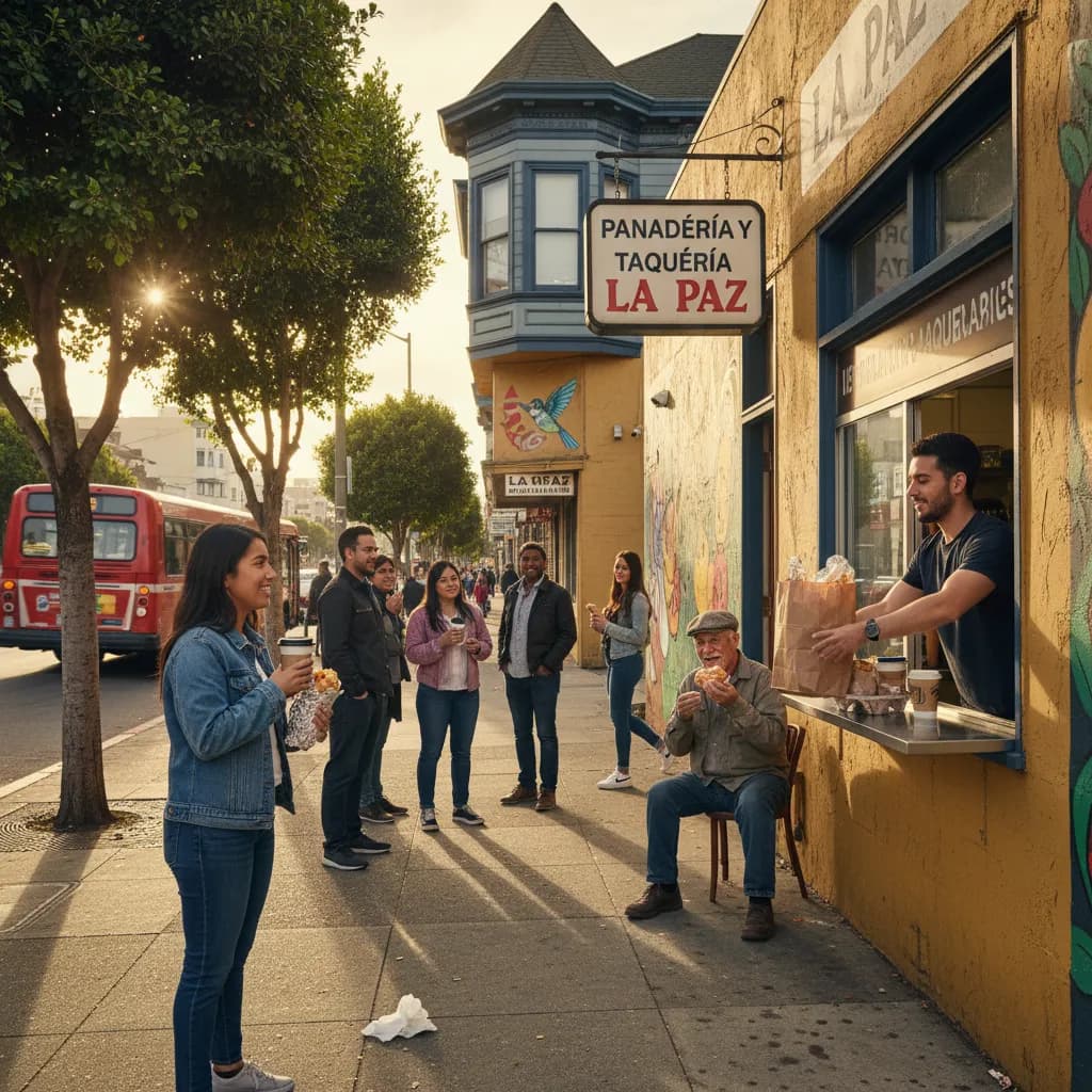 Photorealistic editorial scene for Mission District Breakfast Spots That Keep Mornings Affordable in San Francisco.
