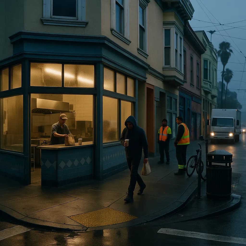 Photorealistic editorial scene for McDonald's Breakfast Near Mission District Before the Morning Rush in San Francisco.