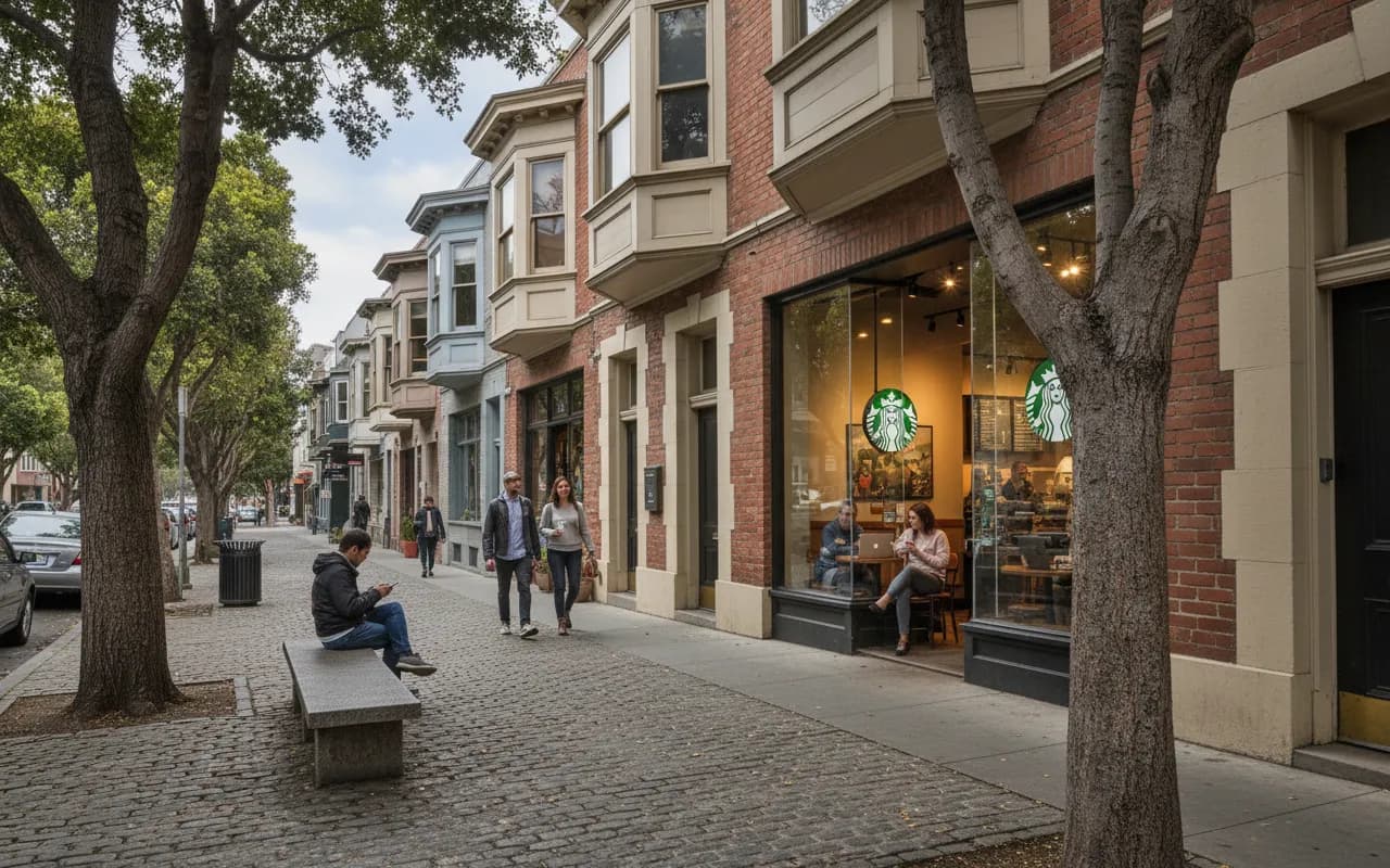 Photorealistic editorial scene for Starbucks Near Richmond District With Seating and Outlets in San Francisco.