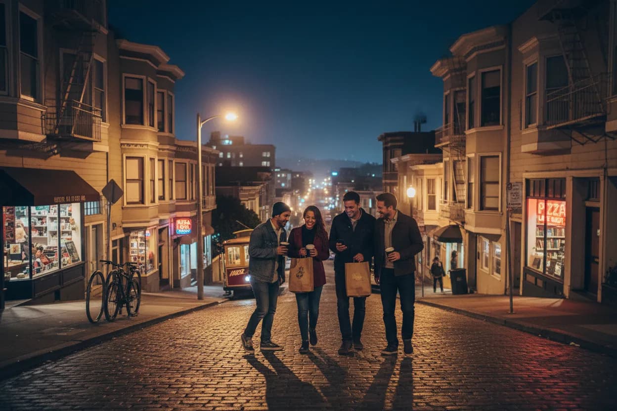 Photorealistic editorial scene for North Beach Late Bites Reachable Without Calling a Car in San Francisco.