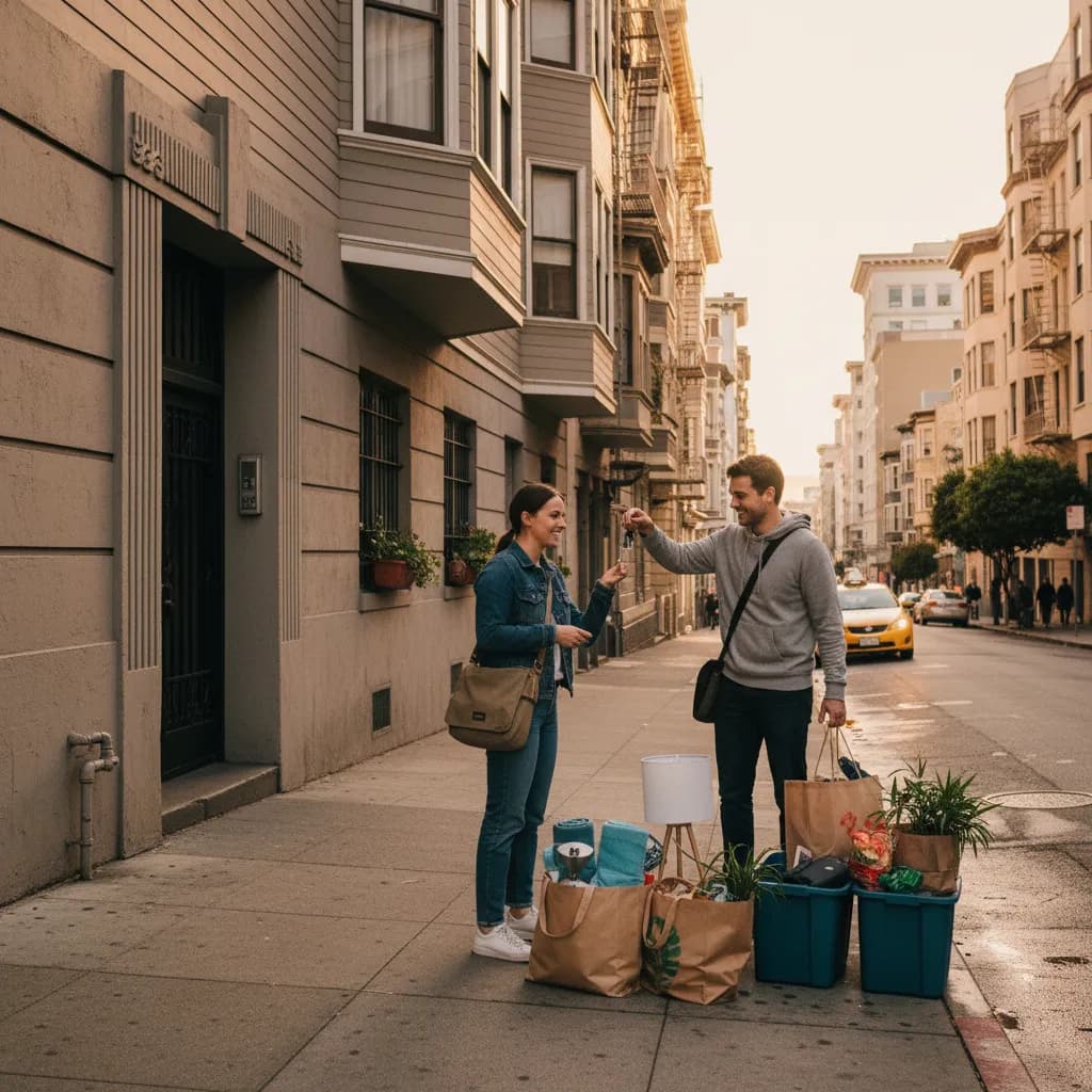 Photorealistic editorial scene for Downtown SF Apartment Essentials You Can Buy Before Tonight in San Francisco.