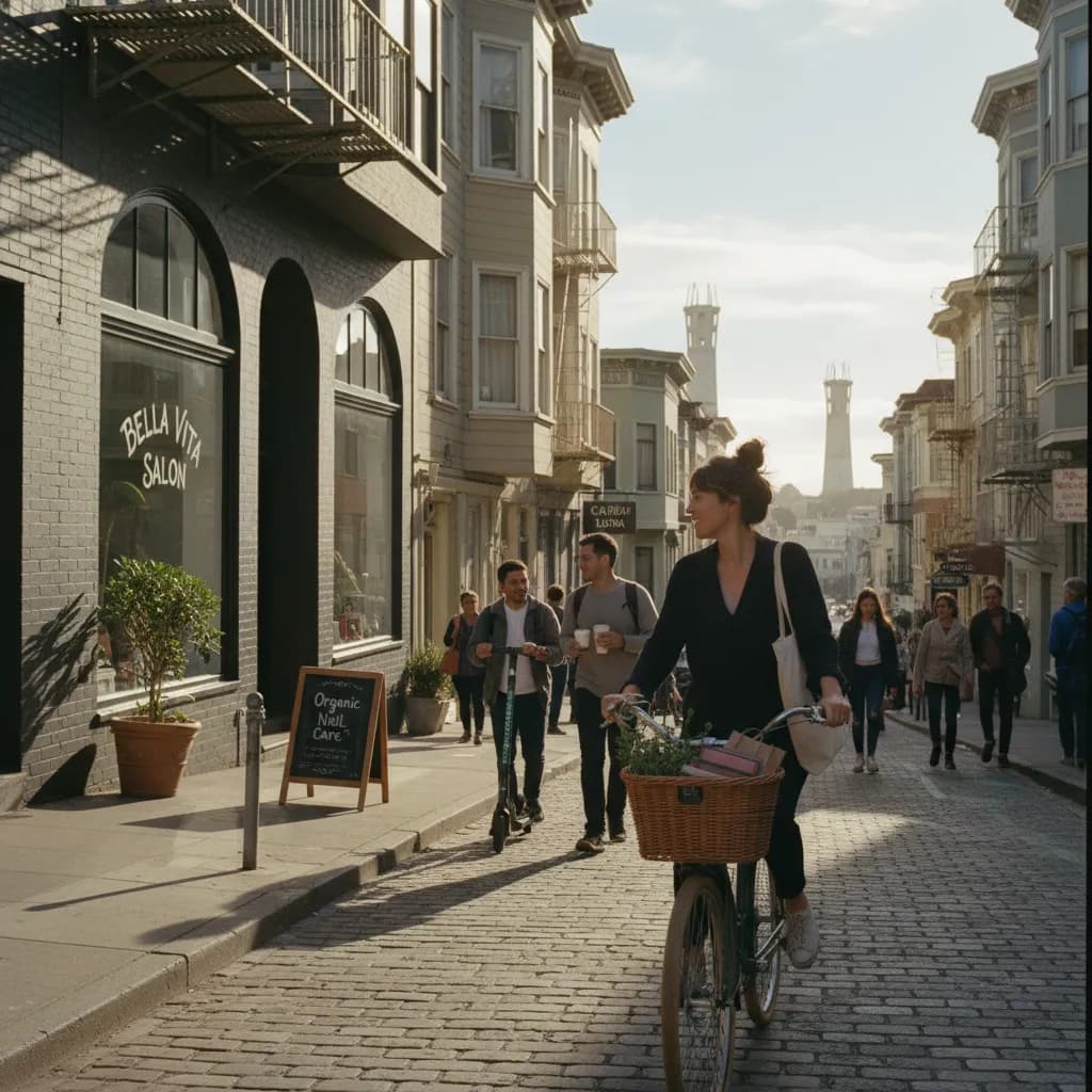 Photorealistic editorial scene for North Beach Car-Free Beauty Errands in One Easy Loop in San Francisco.