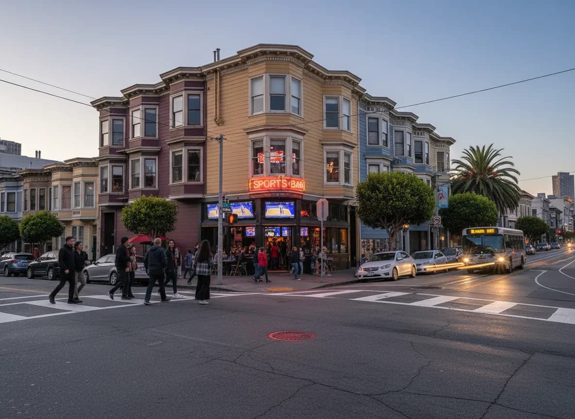 Photorealistic editorial scene for Where to Watch NBA Games Tonight Near Mission District in San Francisco.