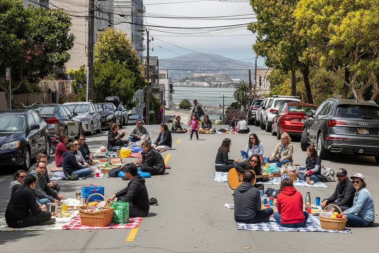 Photorealistic editorial scene for Car-Free Picnic Spots Around Ocean Beach in San Francisco in San Francisco.