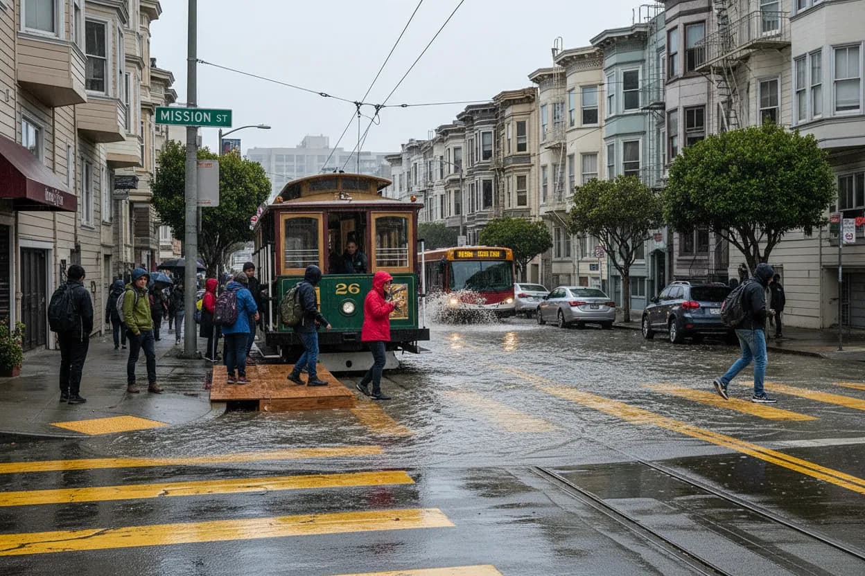 Photorealistic editorial scene for Mission District Flood Alerts and the Transit Routes to Avoid in San Francisco.