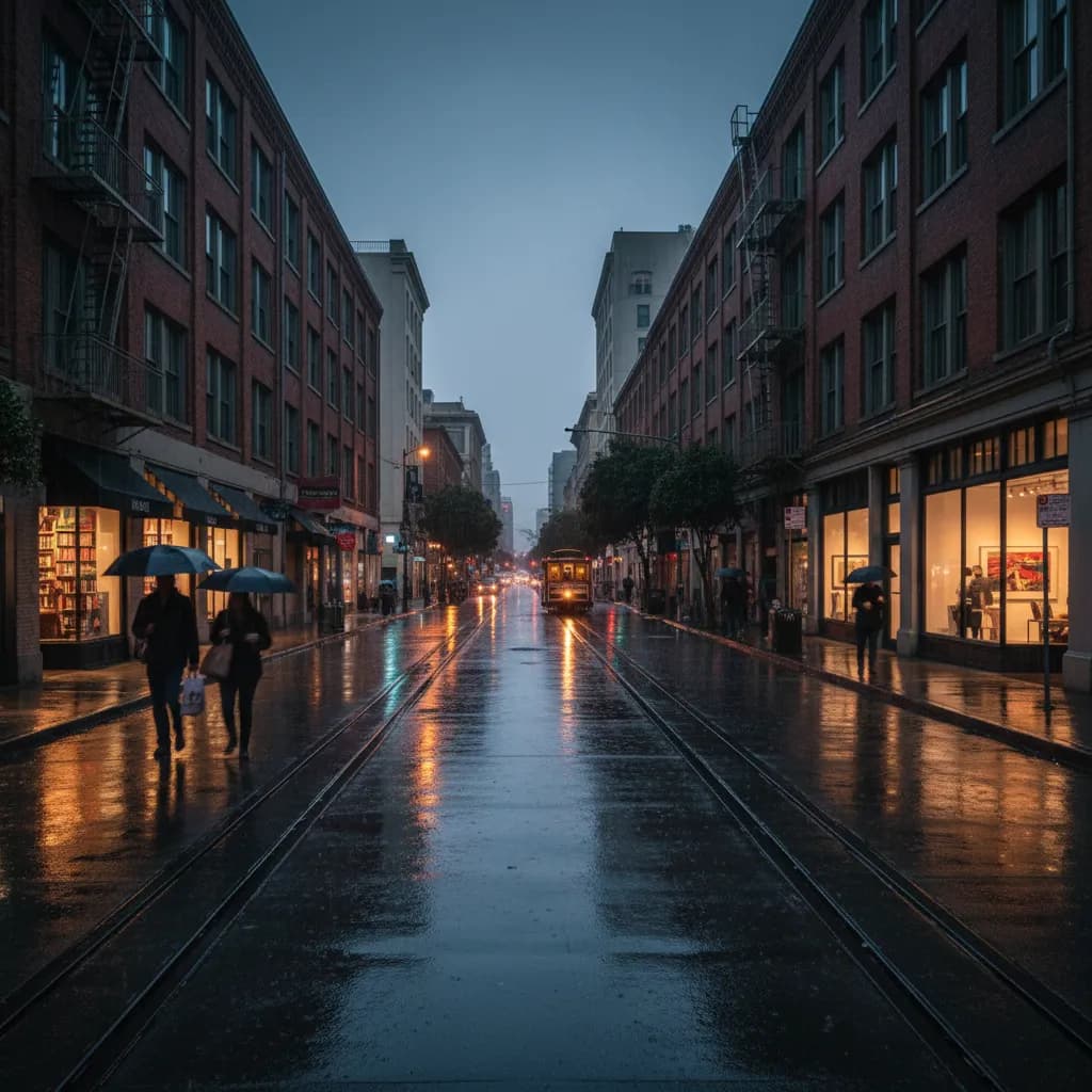 Photorealistic editorial scene for Indoor Things to Do Near SoMa During Heavy Rain in San Francisco.