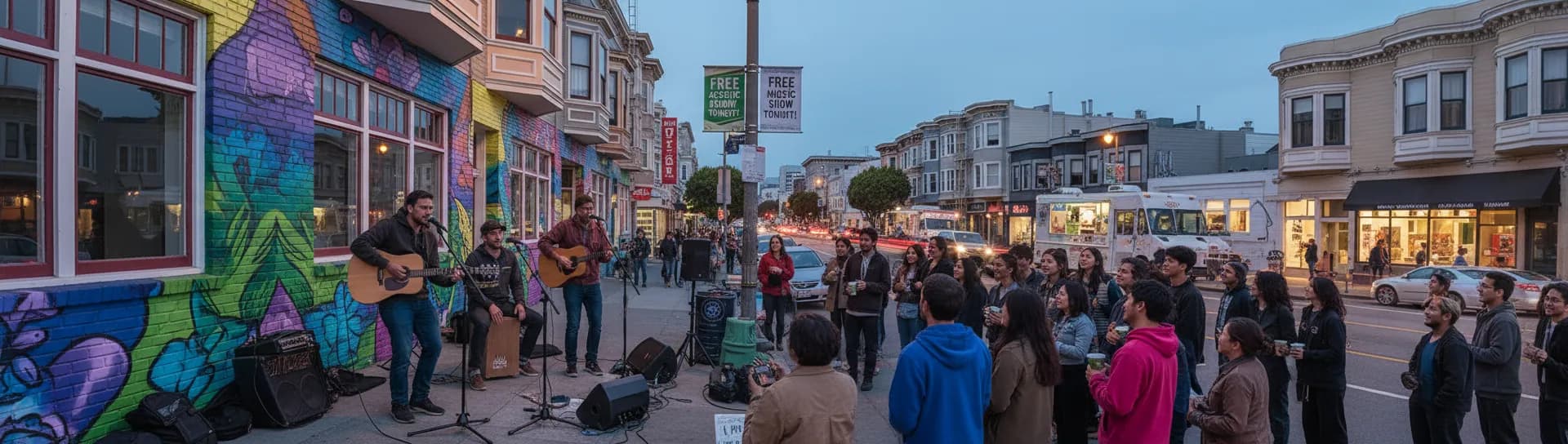Photorealistic editorial scene for Affordable Live Concerts Near Mission District This Weekend in San Francisco.