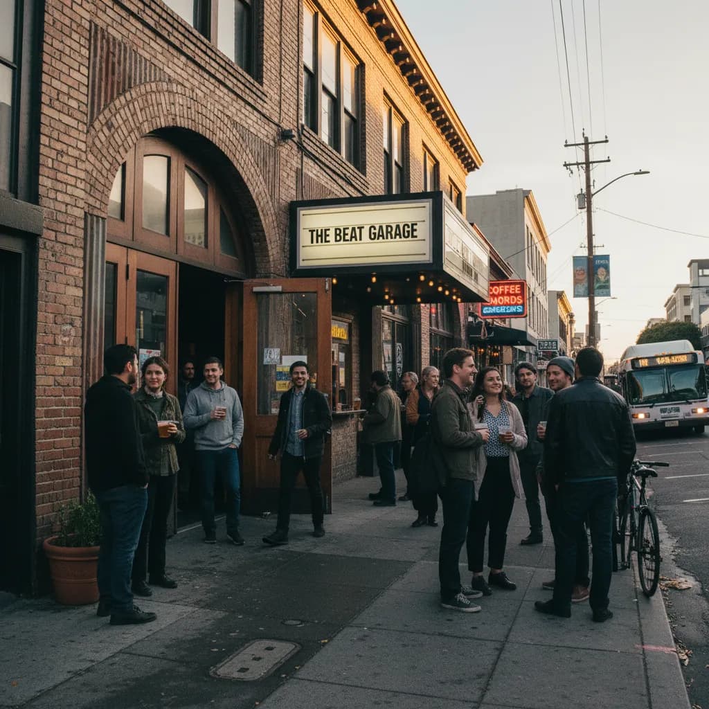 Photorealistic editorial scene for Small Live Music Venues Around SoMa in San Francisco in San Francisco.