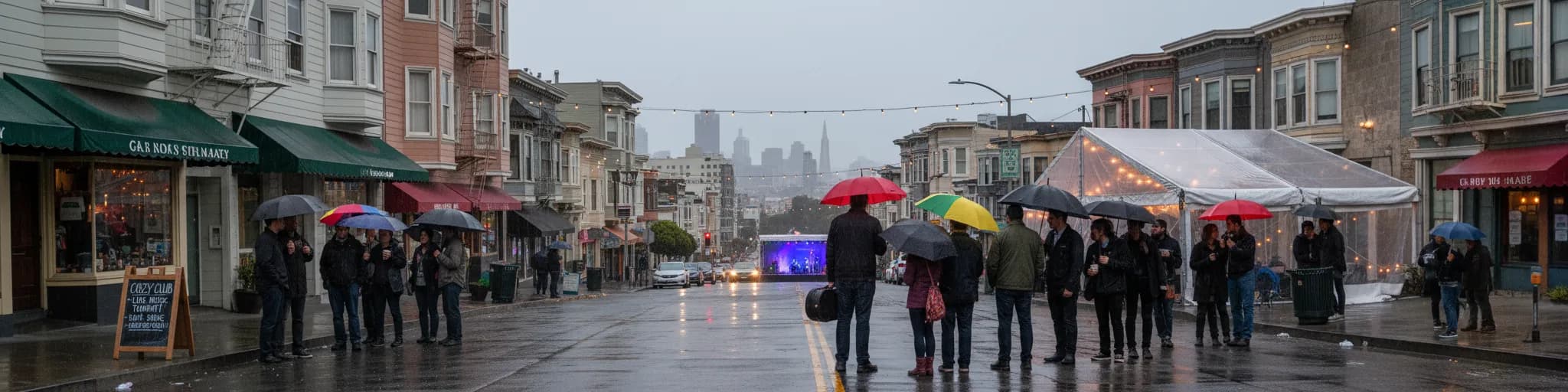 Photorealistic editorial scene for North Beach Outdoor Shows With Weather-Proof Plan B Options in San Francisco.