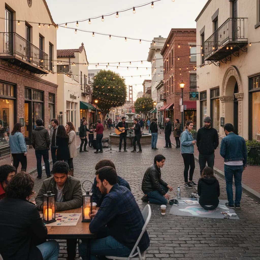 Photorealistic editorial scene for Downtown SF Free Weeknight Events for Meeting New People in San Francisco.