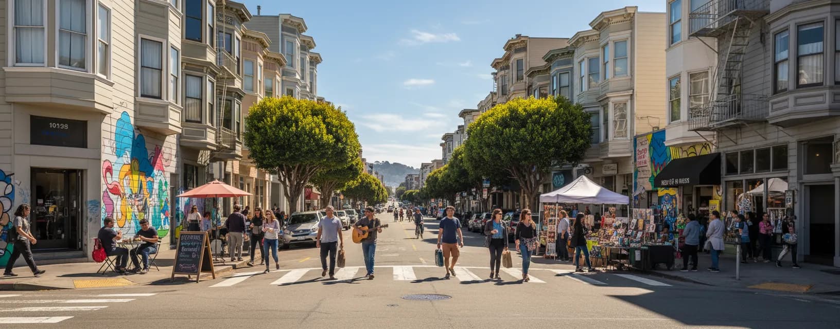 Photorealistic editorial scene for Things to Do This Weekend Around Mission District in San Francisco.