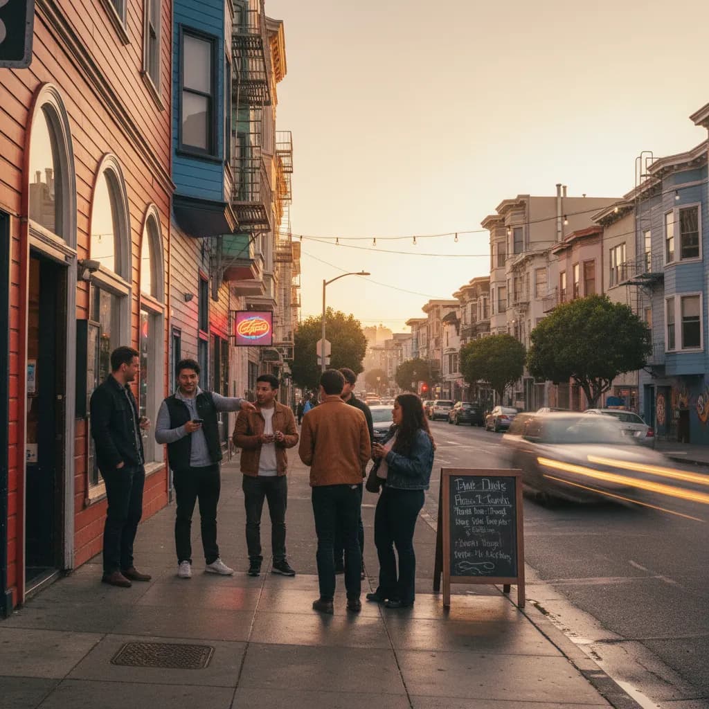 Photorealistic editorial scene for Resy Alternatives Around Mission District for Last-Minute Tables in San Francisco.