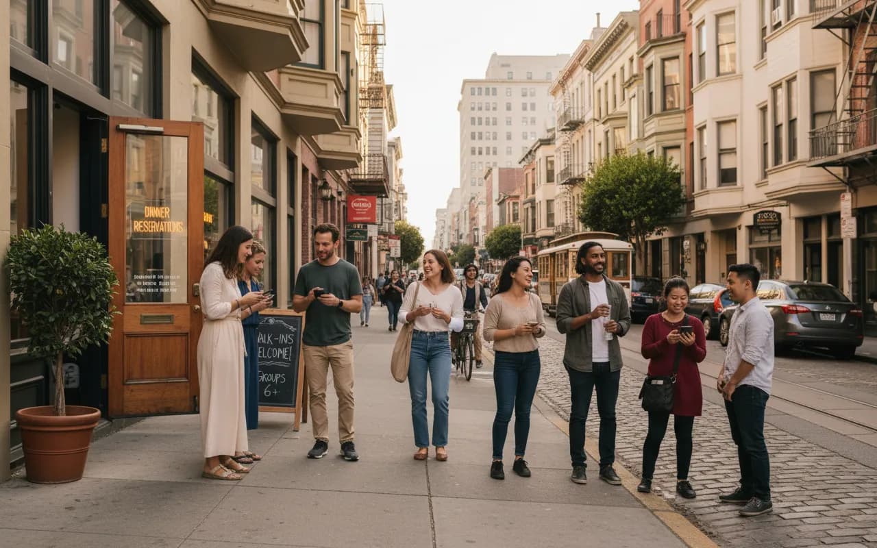 Photorealistic editorial scene for Group Dinner Reservations Near Richmond District Without Long Waits in San Francisco.