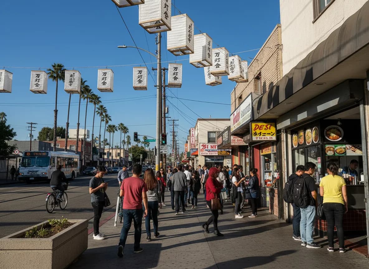 Photorealistic editorial scene for West LA Quick Lunch Stops by Major Transit Hubs in Los Angeles.