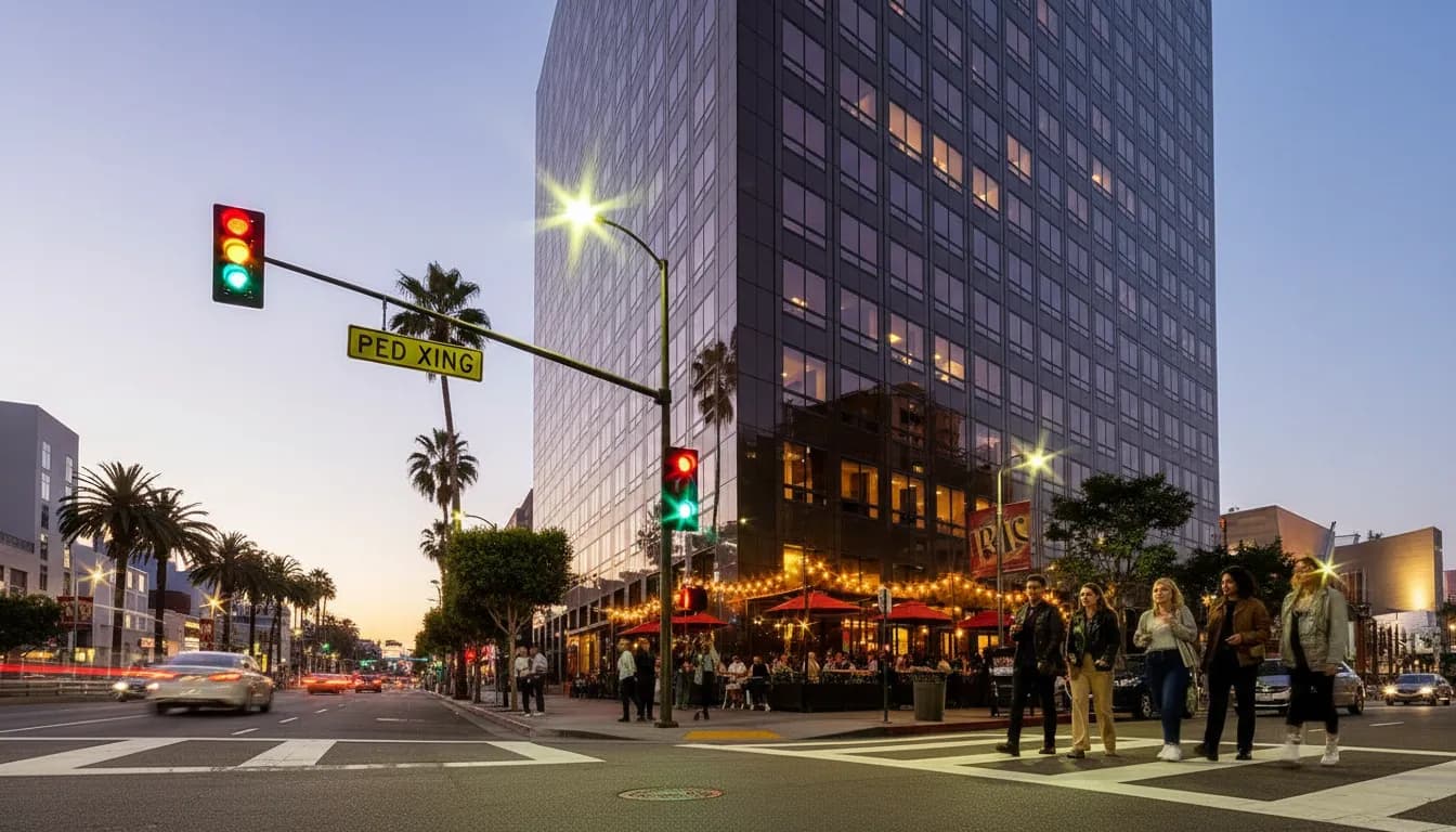 Photorealistic editorial scene for Hollywood Happy Hours Where the Food Matters Too in Los Angeles.